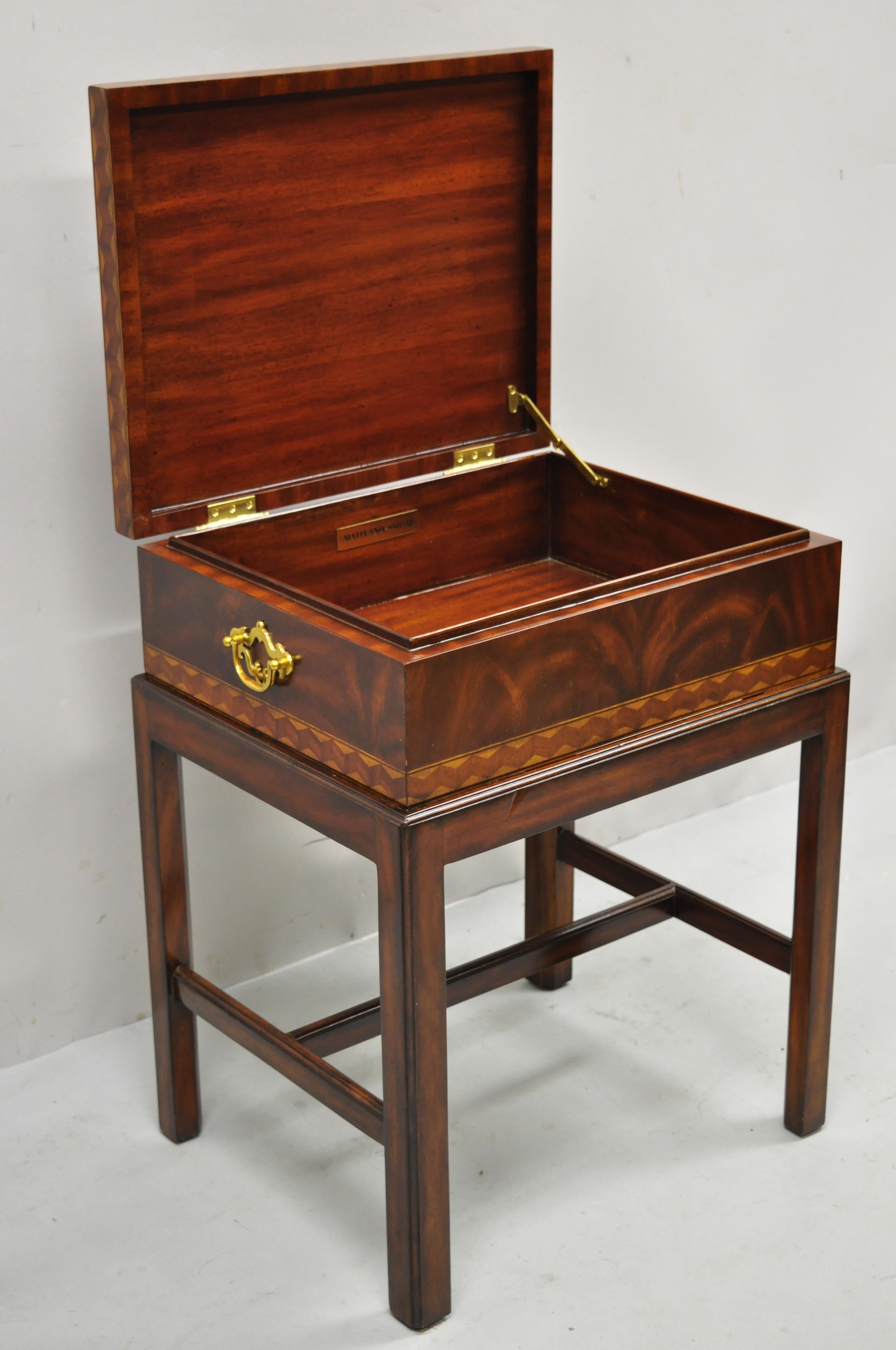 Philippine Maitland Smith Marquetry Inlay Campaign Style Trunk Chest Side Table on Base