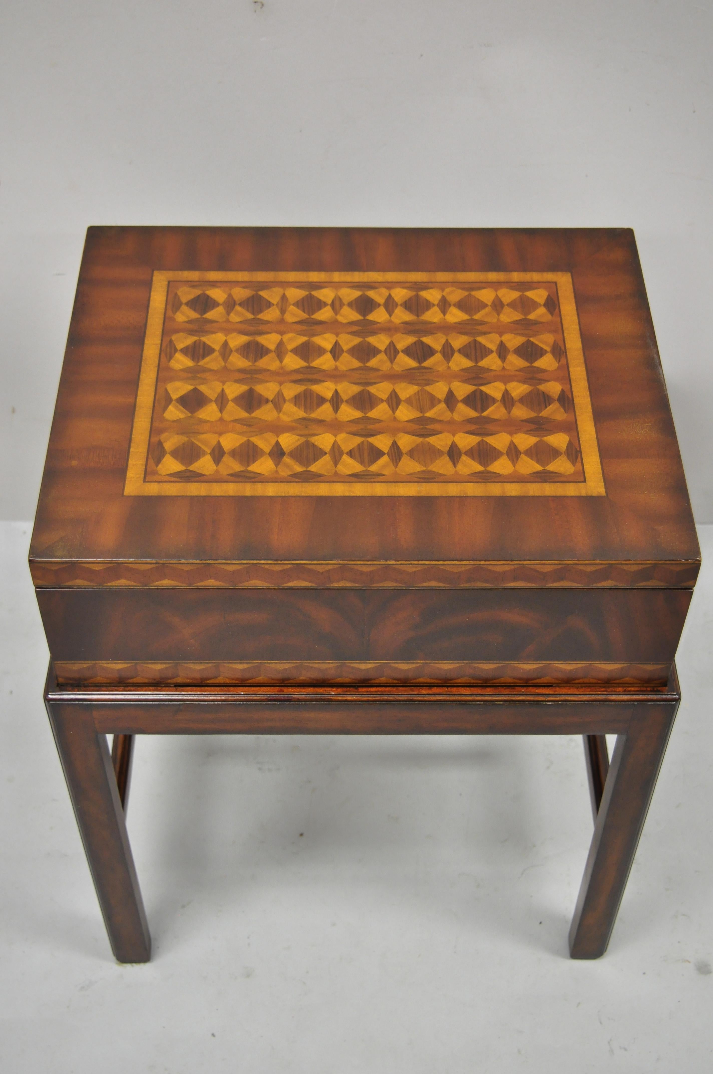 20th Century Maitland Smith Marquetry Inlay Campaign Style Trunk Chest Side Table on Base