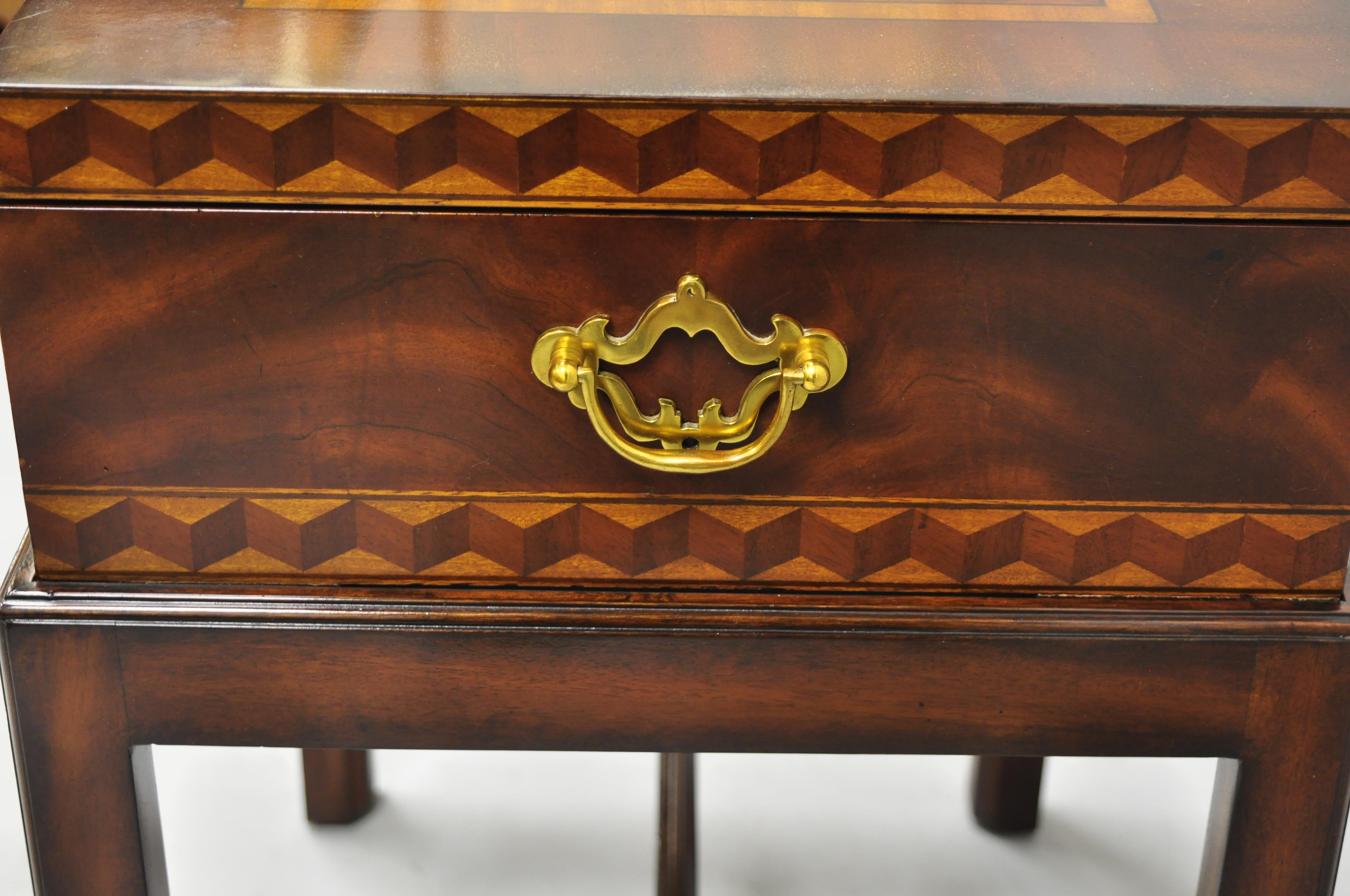 Maitland Smith Marquetry Inlay Campaign Style Trunk Chest Side Table on Base 2