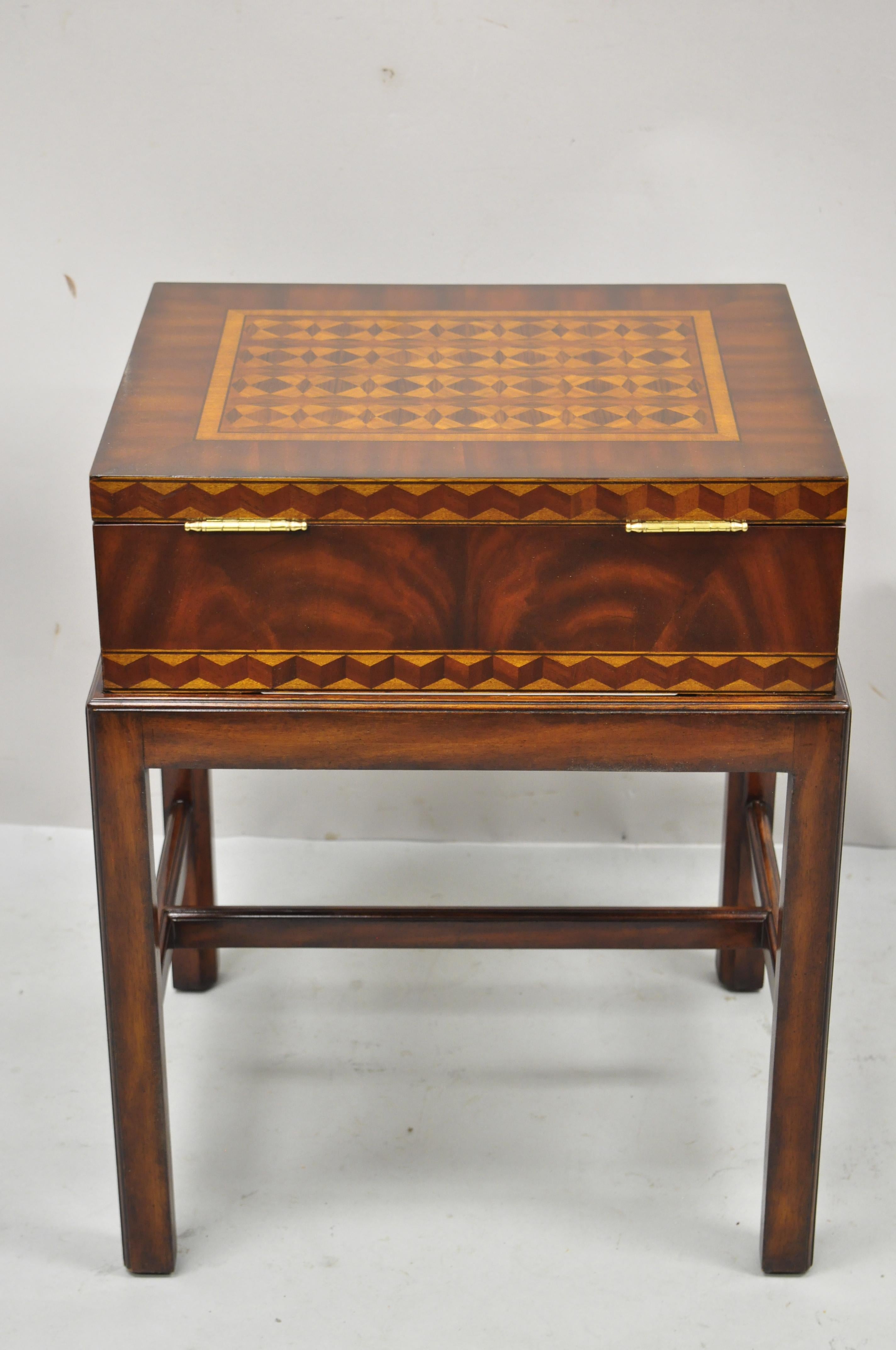 Maitland Smith Marquetry Inlay Campaign Style Trunk Chest Side Table on Base 3