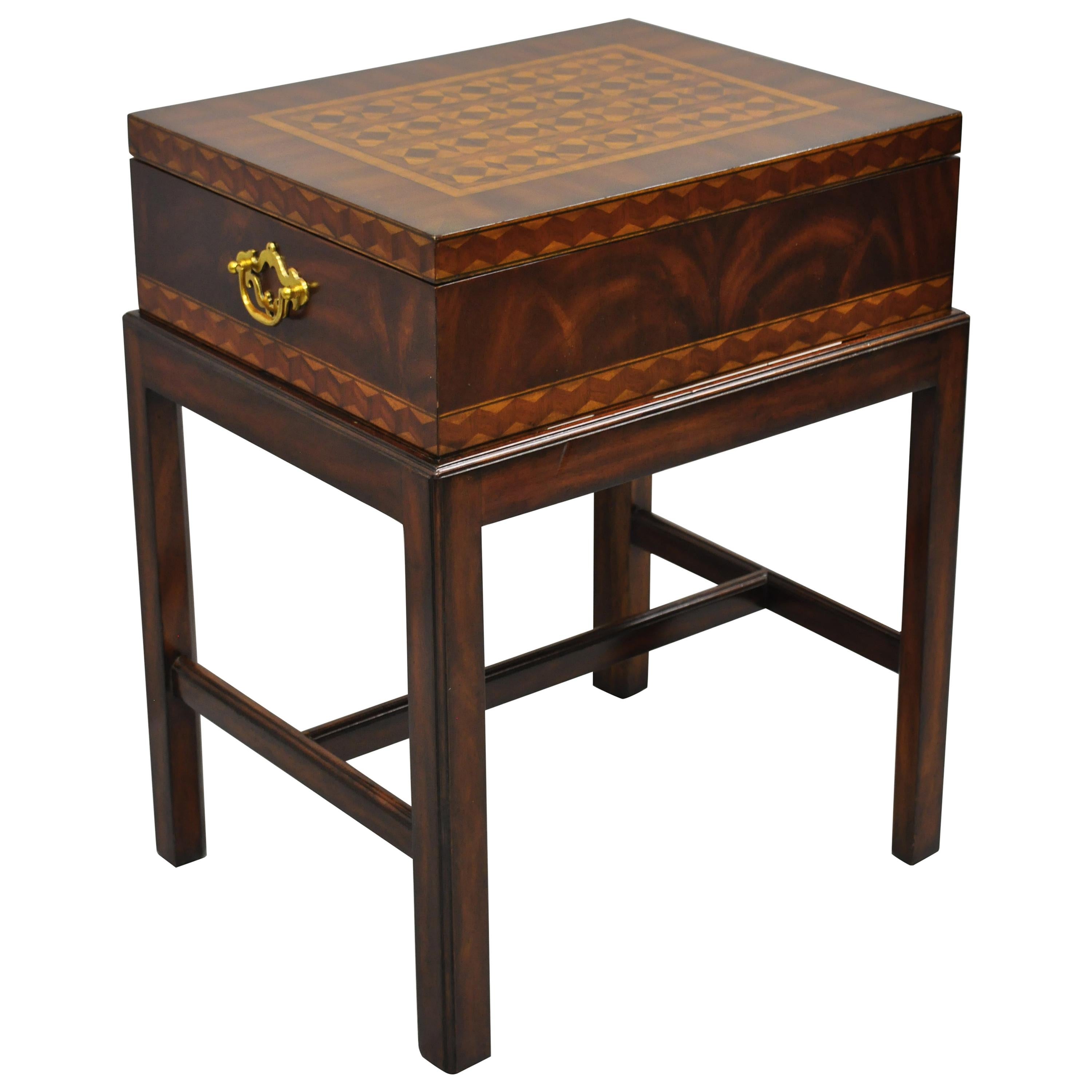 Maitland Smith Marquetry Inlay Campaign Style Trunk Chest Side Table on Base