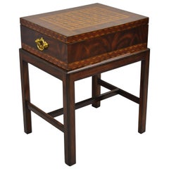 Vintage Maitland Smith Marquetry Inlay Campaign Style Trunk Chest Side Table on Base