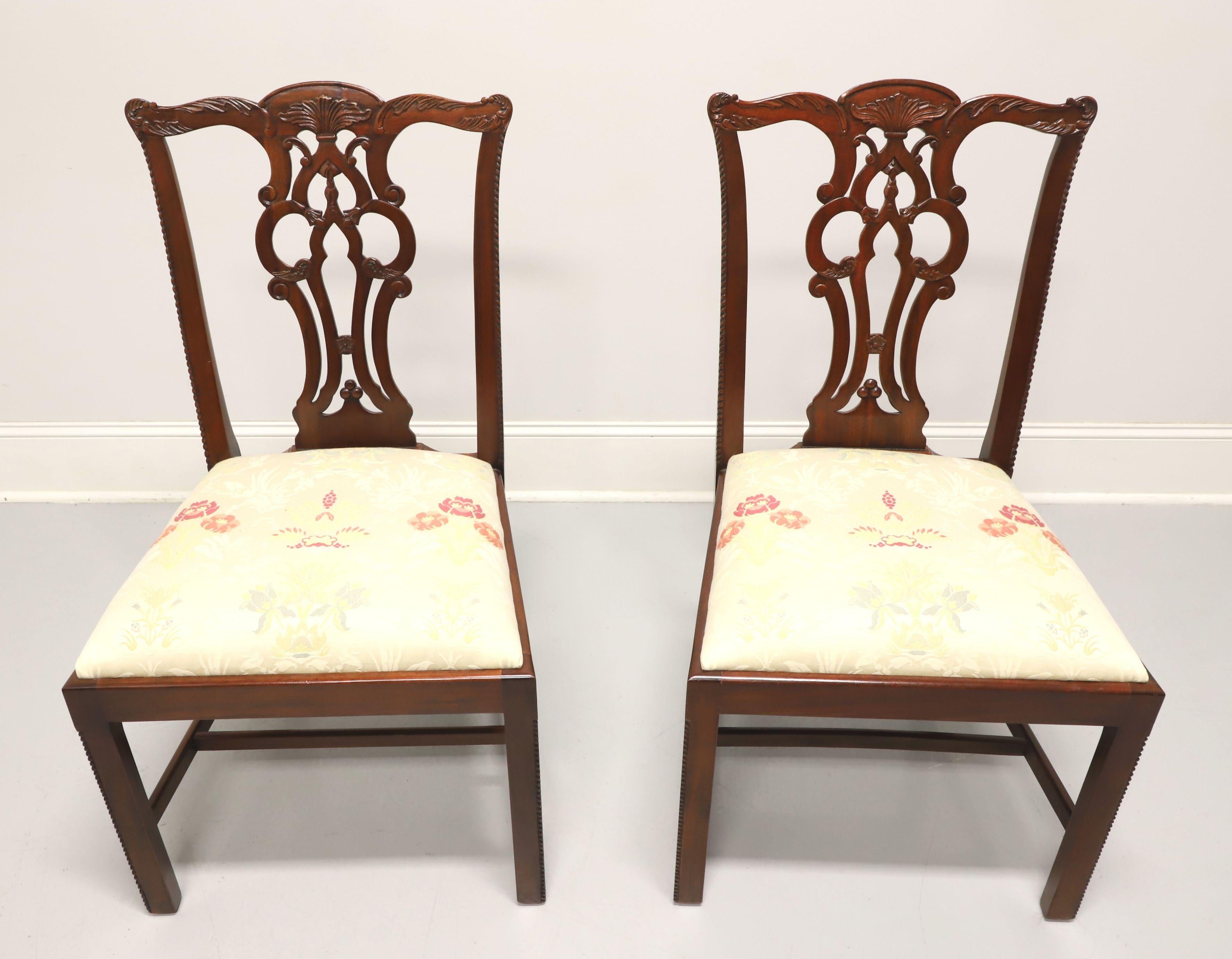 A pair of Chippendale style dining side chairs by Maitland Smith, their Massachusetts. Solid mahogany with decoratively carved crest rail, back rest, carved beading to edge of stiles & edges of the front straight legs with stretchers. Seat