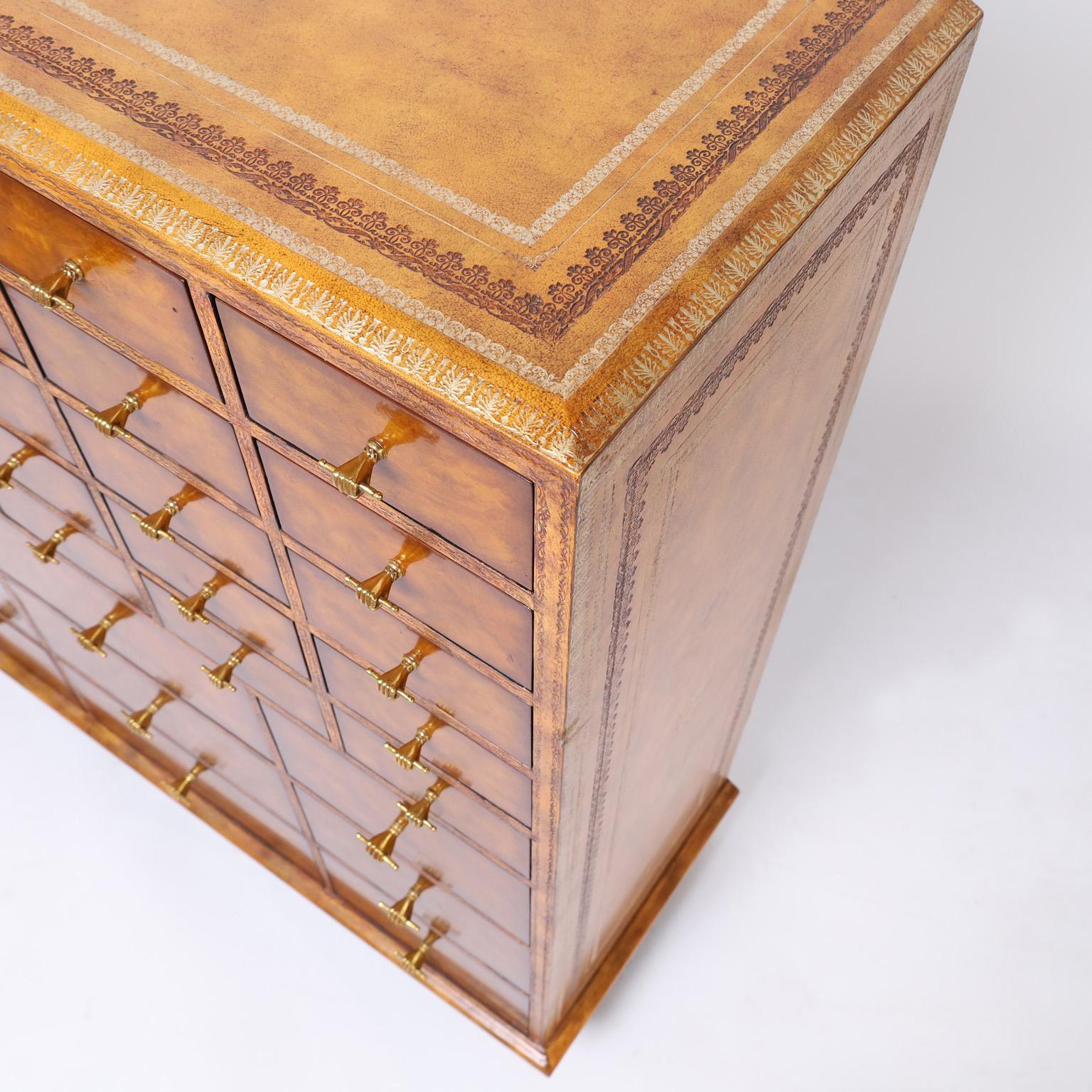 Gilt Maitland-Smith Mid-Century Muti Drawer Tooled Leather Chest