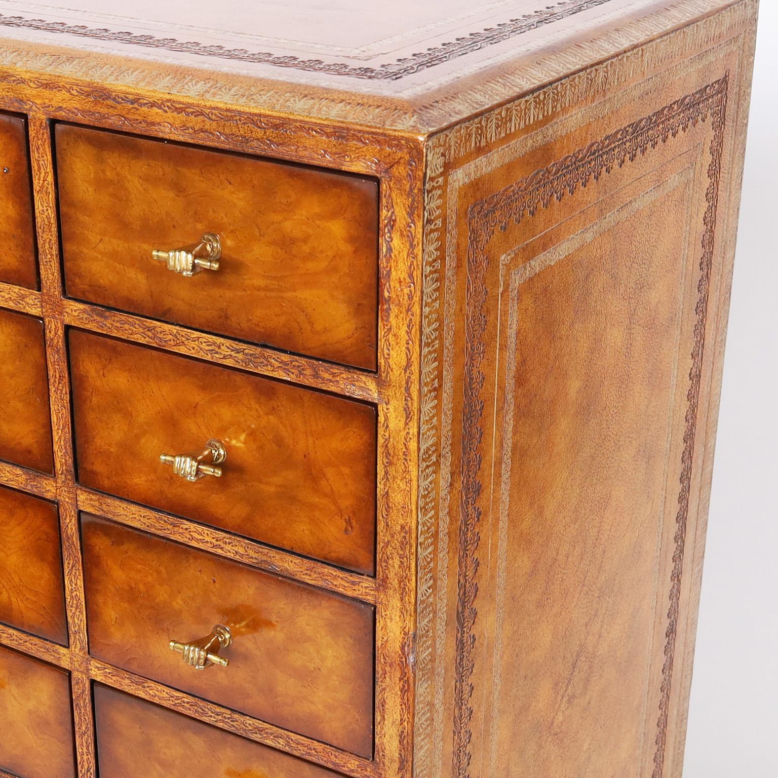 Maitland-Smith Mid-Century Muti Drawer Tooled Leather Chest In Good Condition In Palm Beach, FL