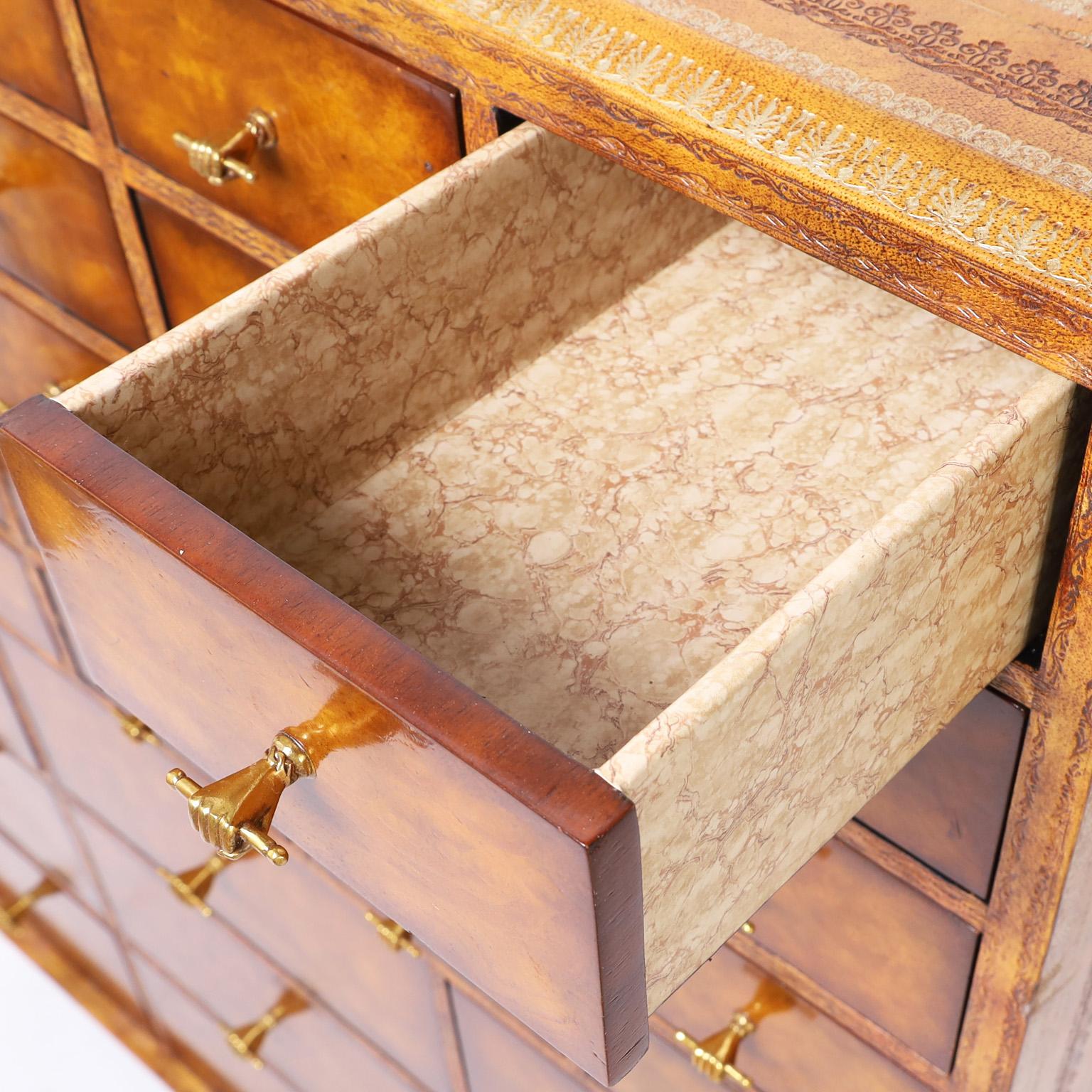 Maitland-Smith Mid-Century Muti Drawer Tooled Leather Chest For Sale at