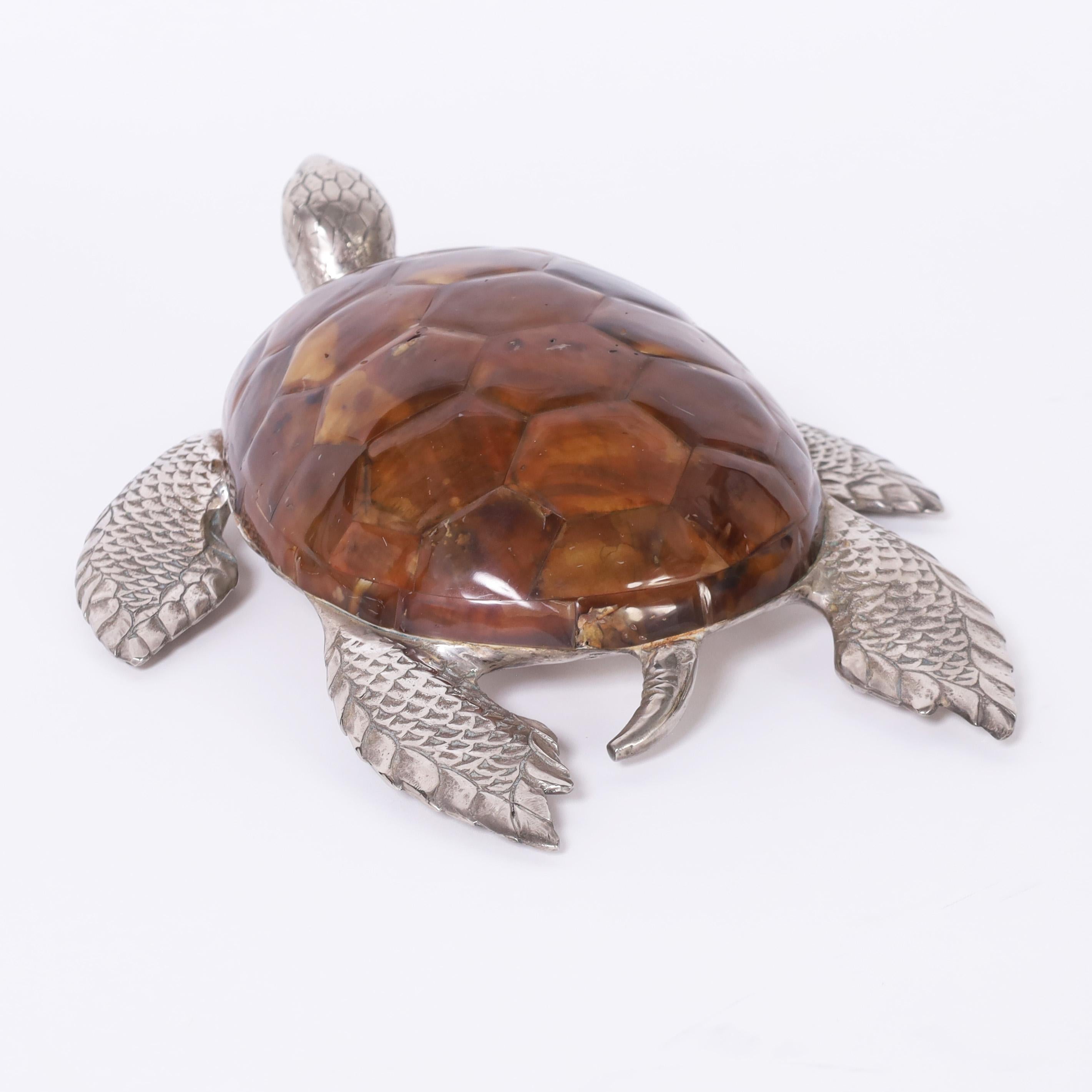 Mid-Century Modern  Maitland-Smith Mid Century Silver Plate and Faux Tortoise Turtle For Sale