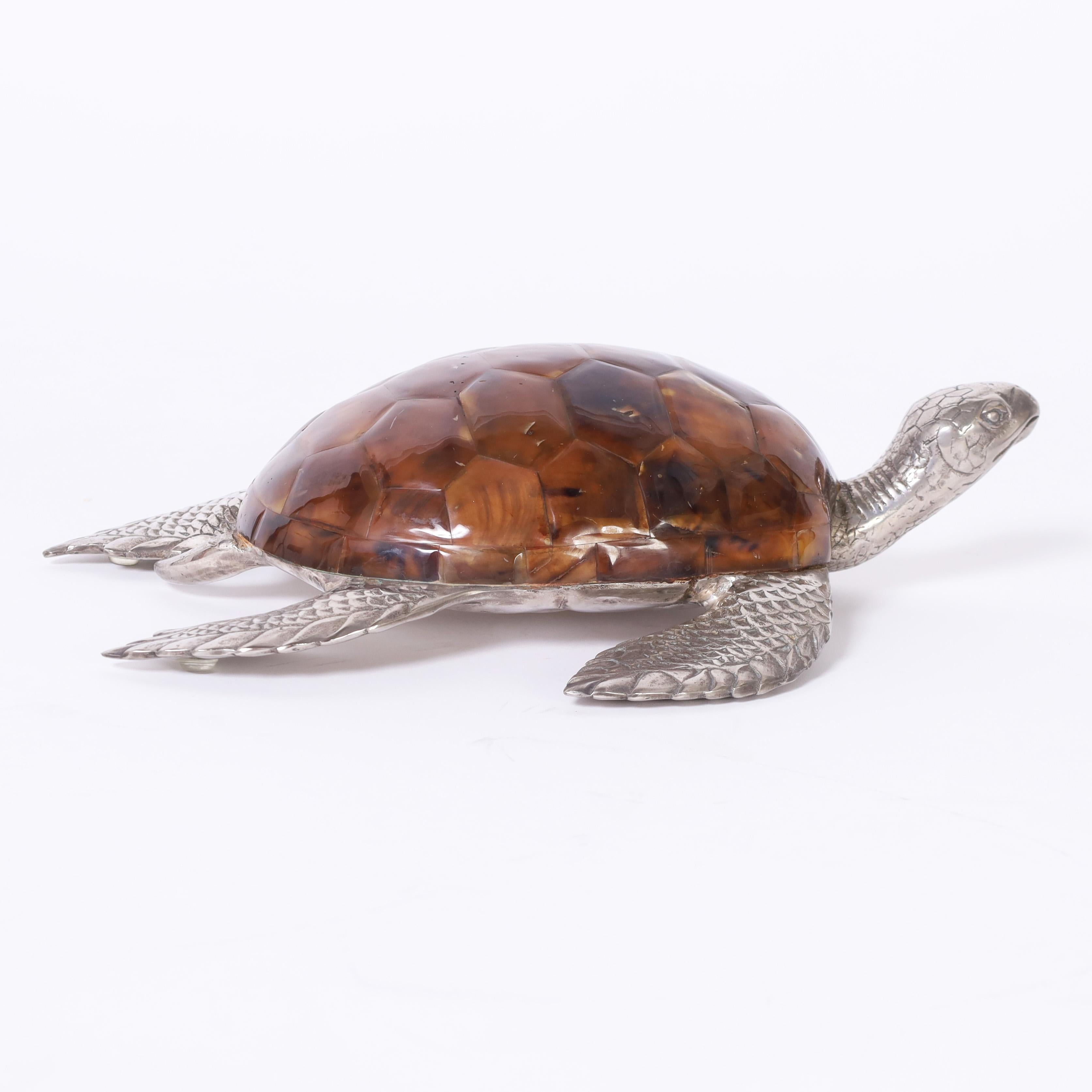 Philippine Maitland-Smith Mid Century Silver Plate and Faux Tortoise Turtle