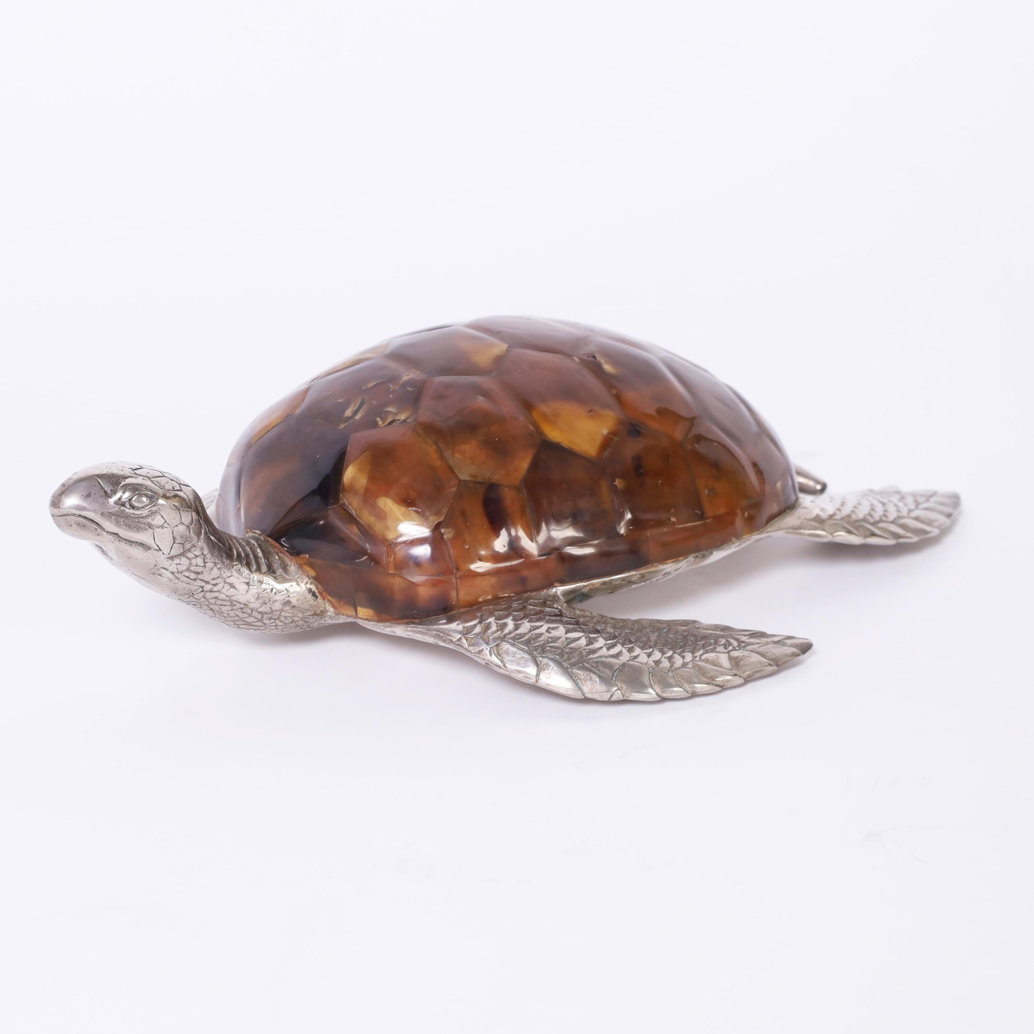 Hand-Crafted  Maitland-Smith Mid Century Silver Plate and Faux Tortoise Turtle For Sale