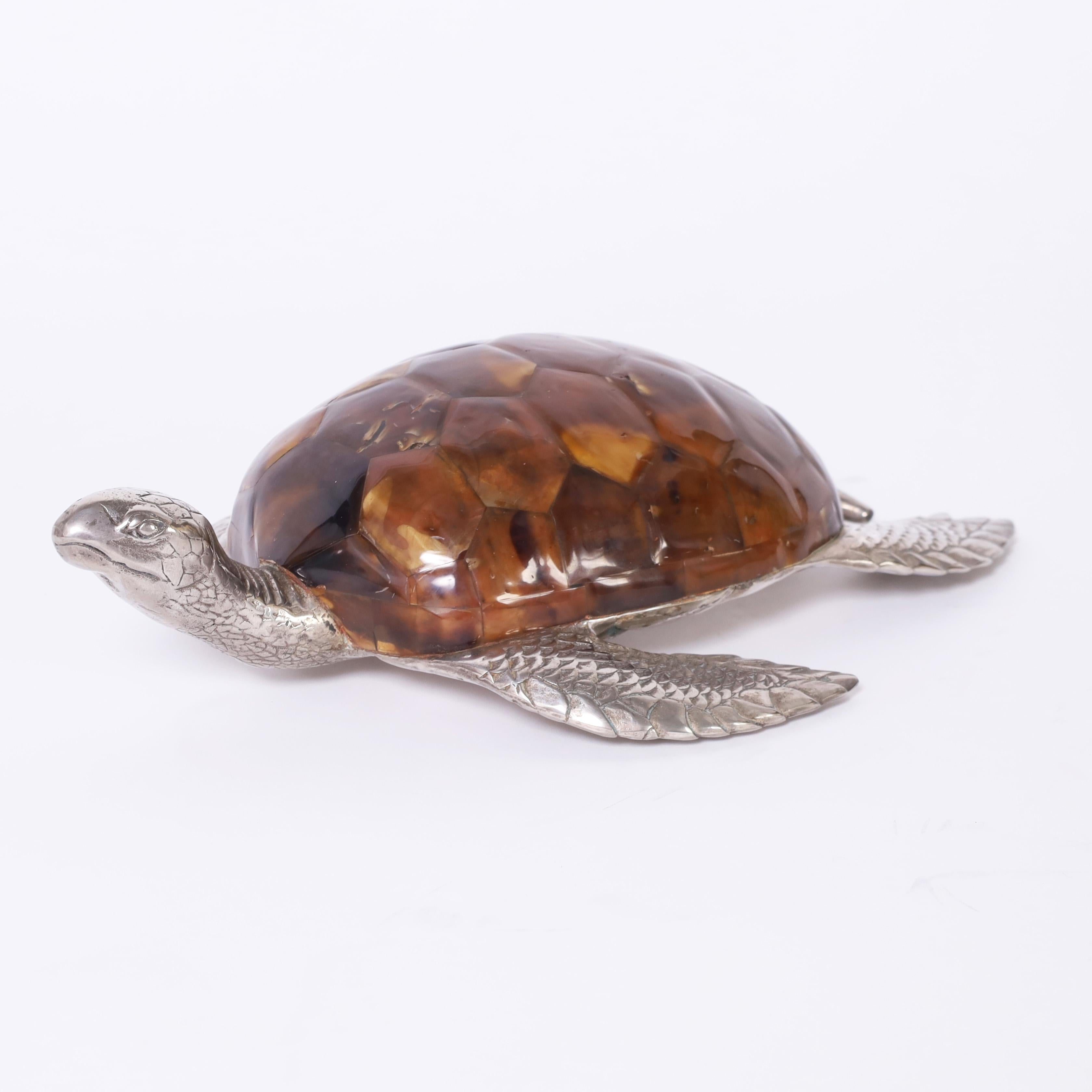 Hand-Crafted Maitland-Smith Mid Century Silver Plate and Faux Tortoise Turtle