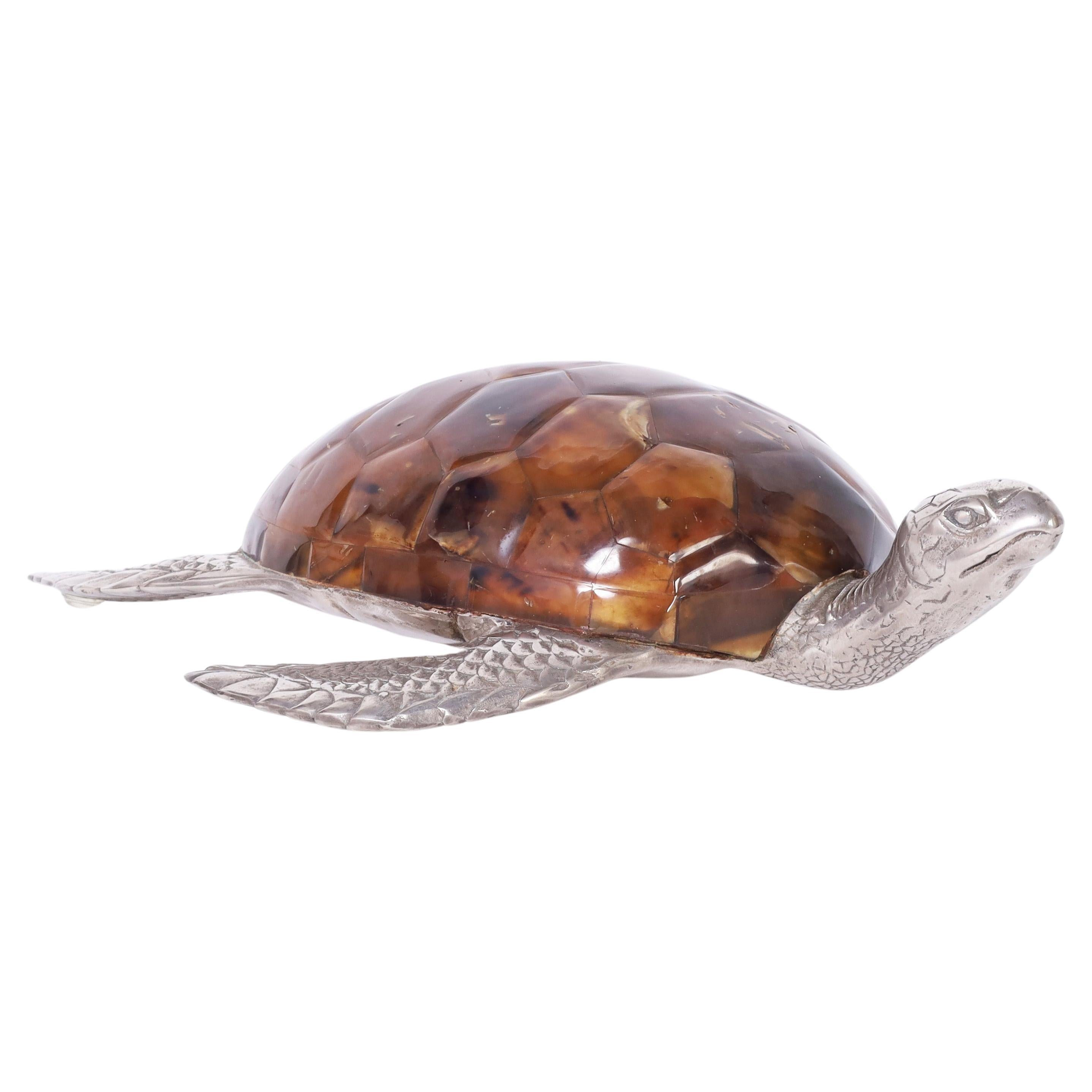  Maitland-Smith Mid Century Silver Plate and Faux Tortoise Turtle For Sale