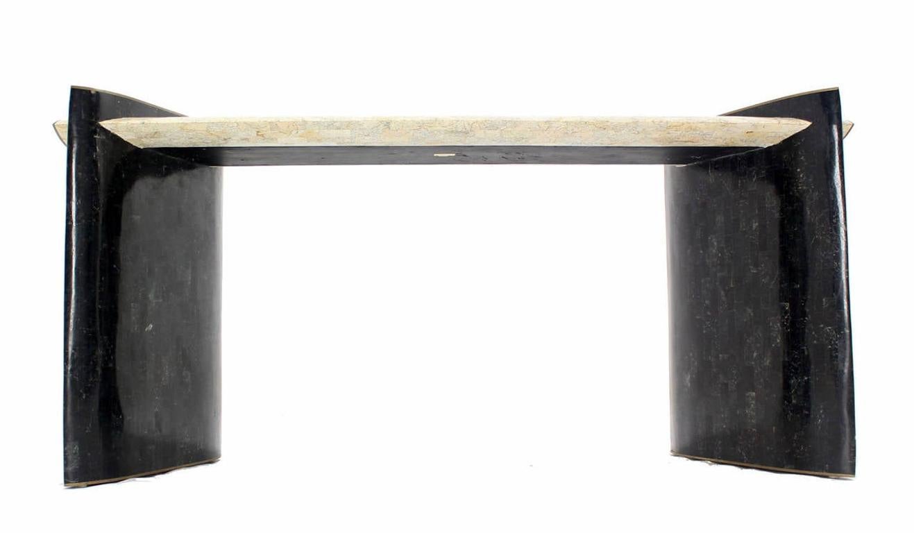Maitland Smith Mid Century Tessellated Tile Stone Brass Inlay Console Sofa Table For Sale 2