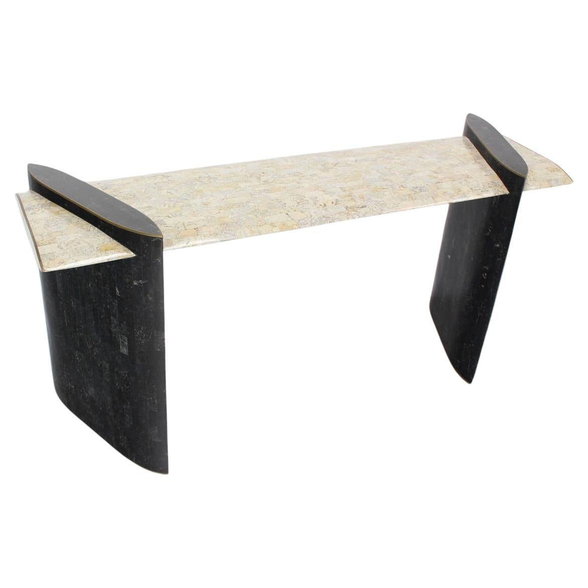 Maitland Smith Mid Century Tessellated Tile Stone Brass Inlay Console Sofa Table For Sale