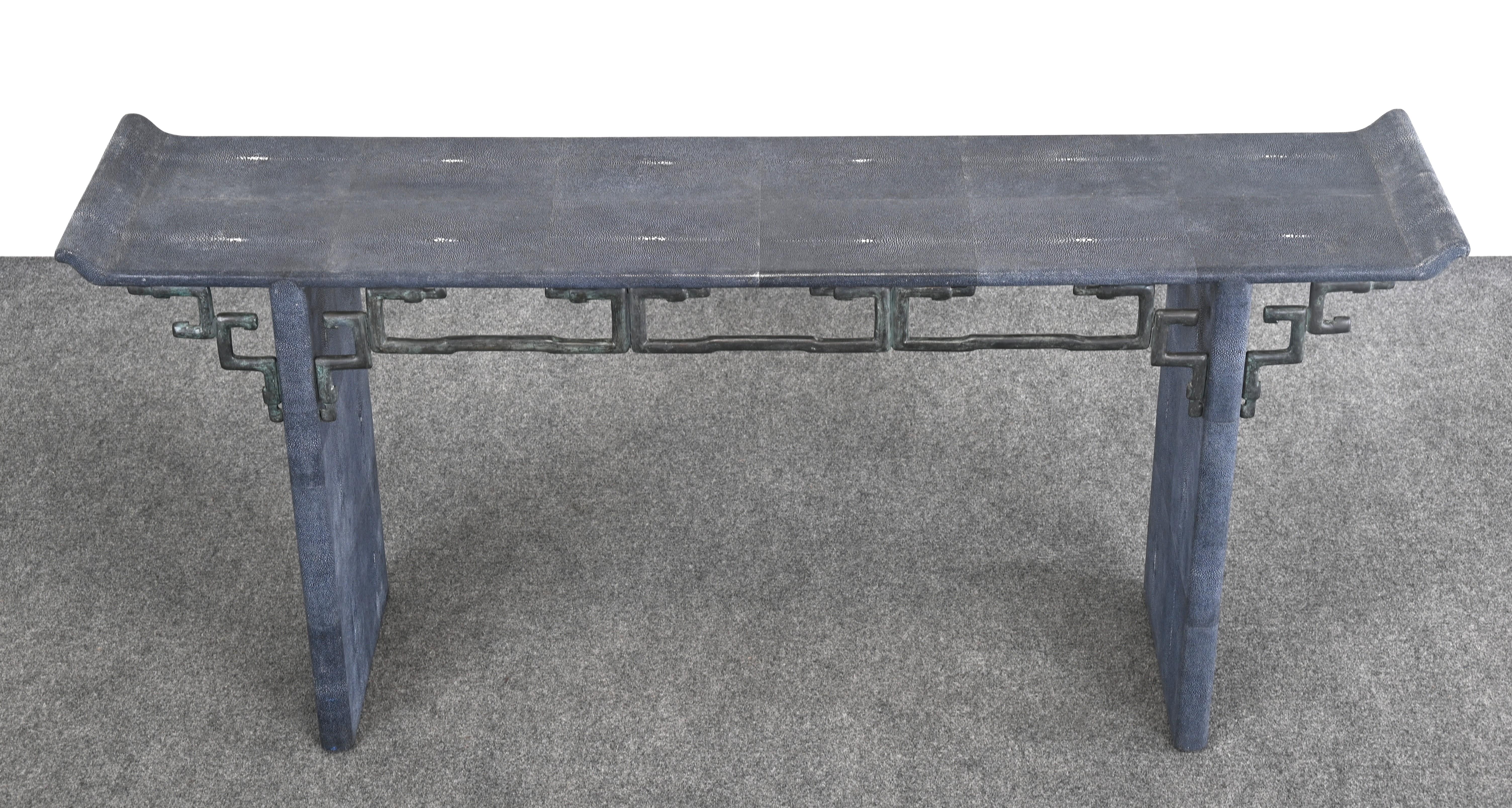 Metal Maitland Smith Modern Altar or Console Table in Faux Shagreen, 20th Century For Sale