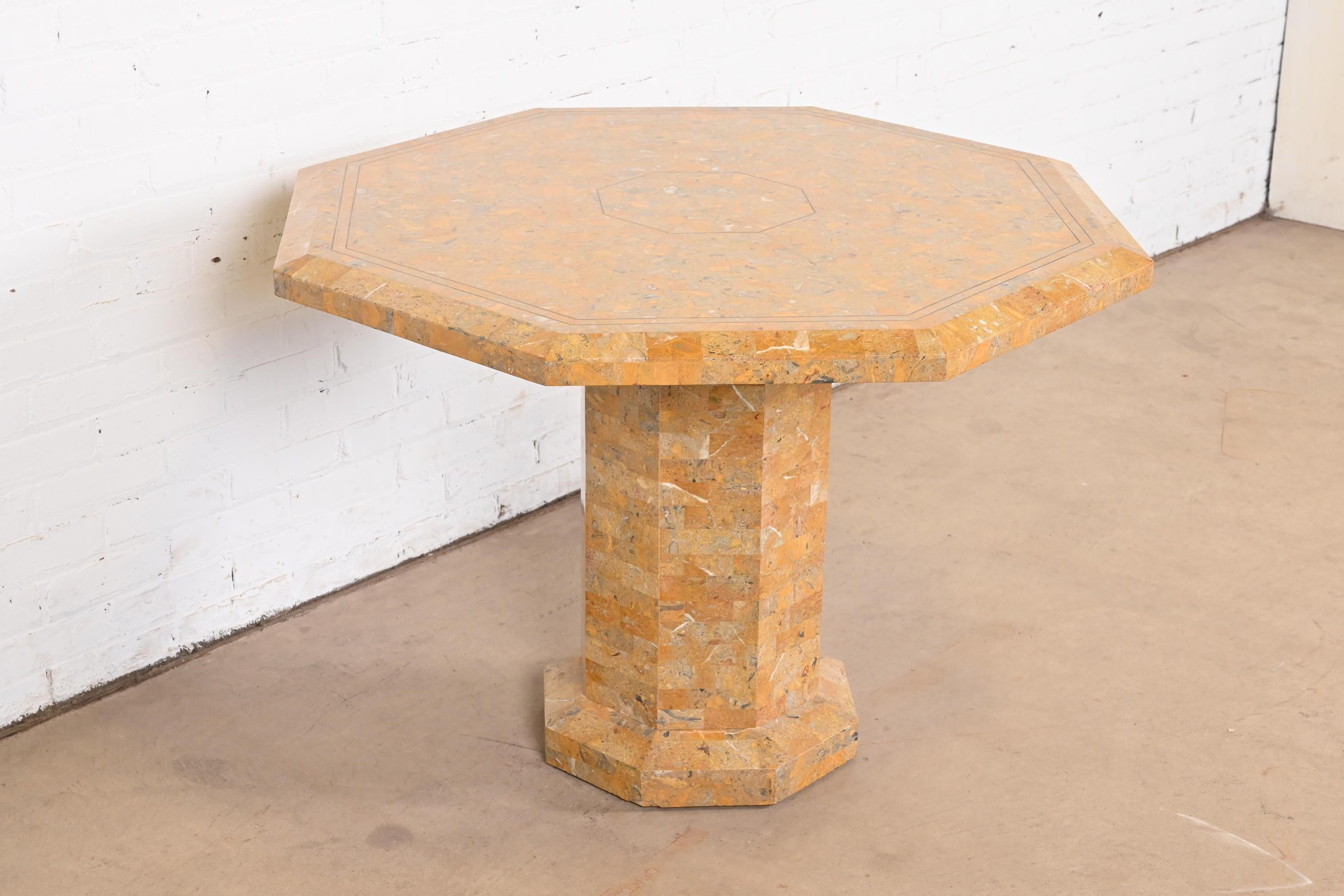 Brass Maitland Smith Modern Tessellated Marble Pedestal Dining Table or Center Table For Sale