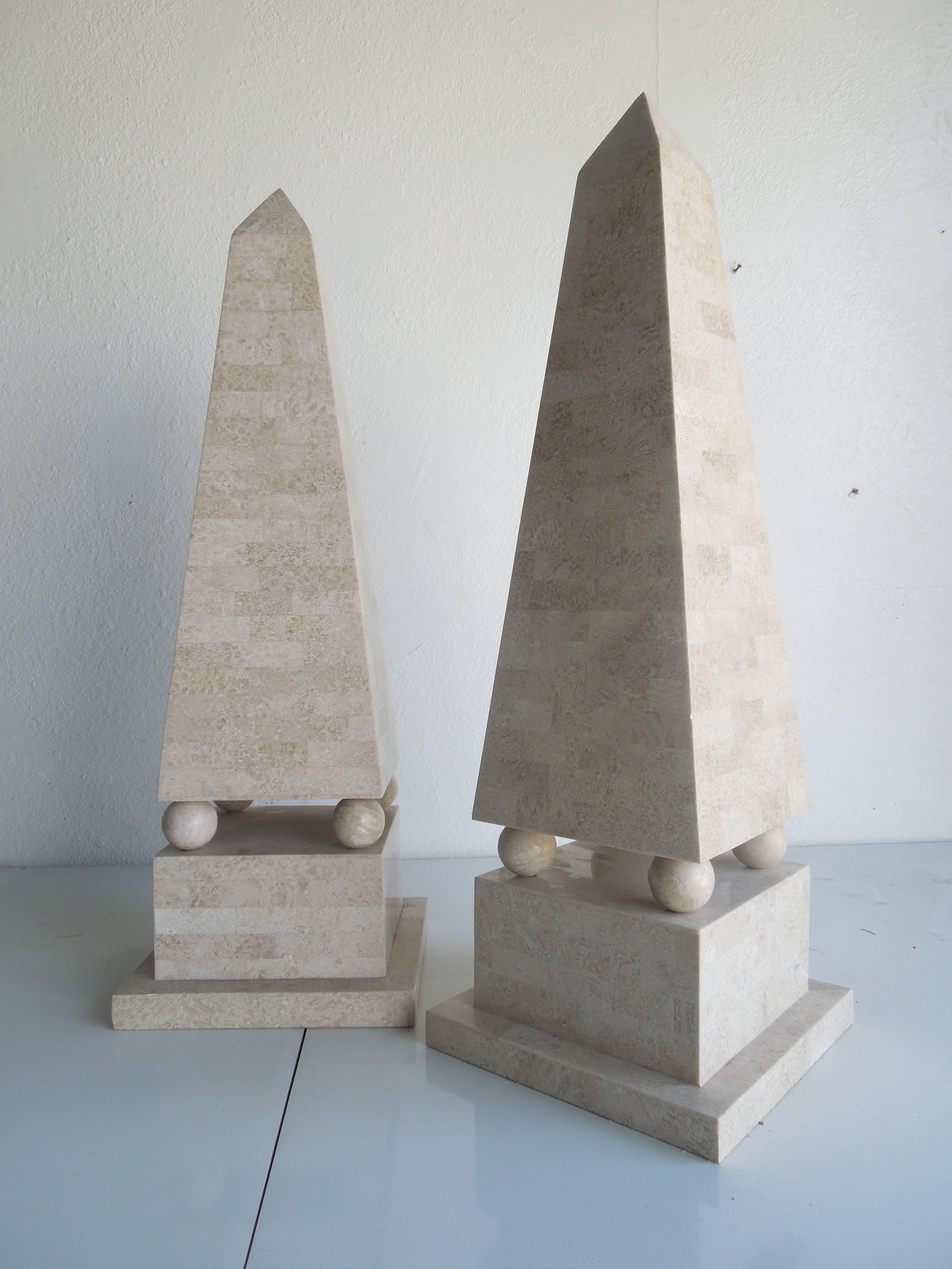 Polished Maitland Smith Modernist Tessellated Stone Obelisks, Pair