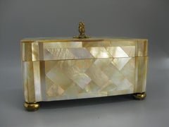 Maitland Smith Mother of Pearl and Brass Tessellated Decorative Wood Stash Box