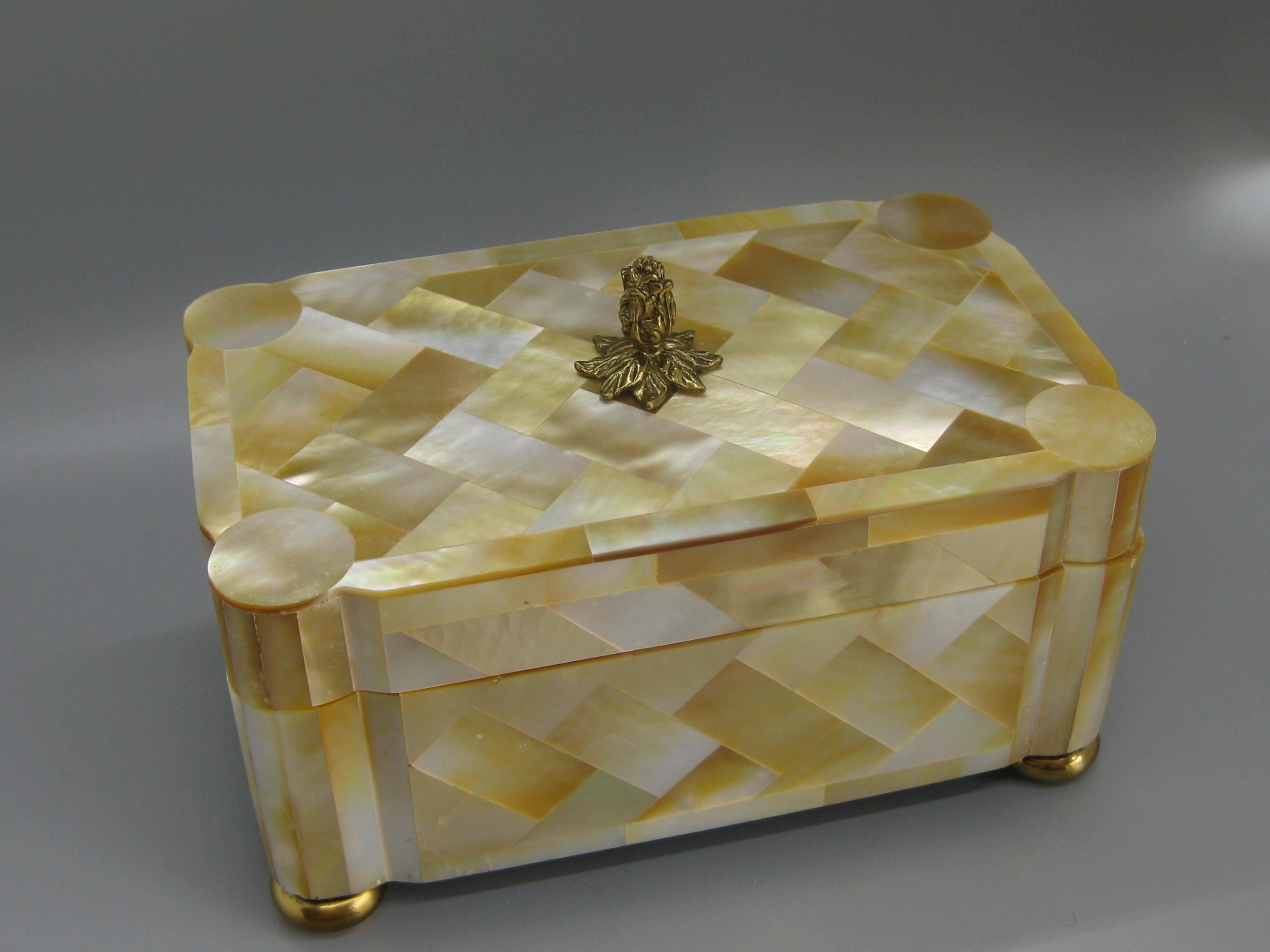 20th Century Maitland Smith Mother of Pearl and Brass Tessellated Decorative Wood Stash Box