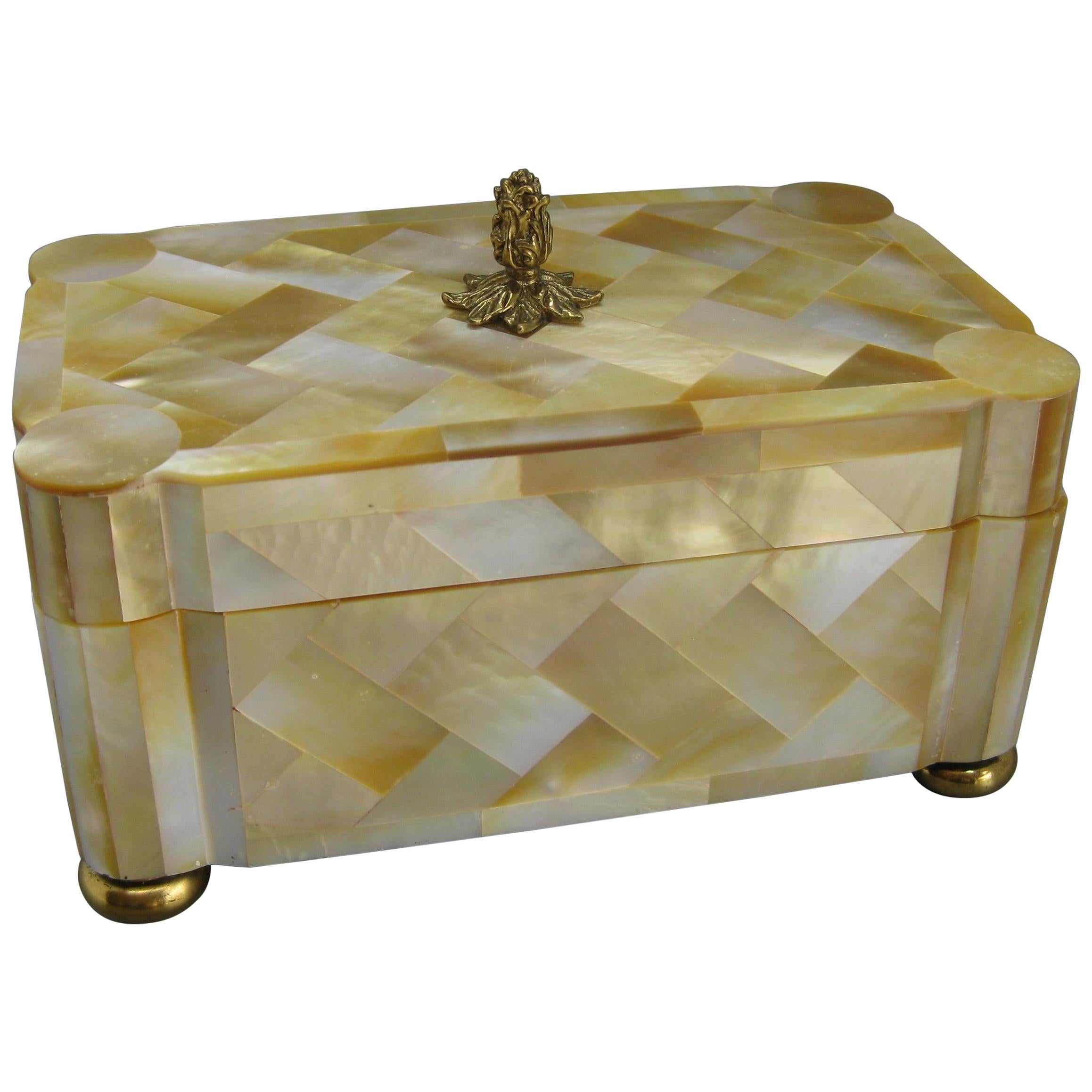 Maitland Smith Mother of Pearl and Brass Tessellated Decorative Wood Stash Box