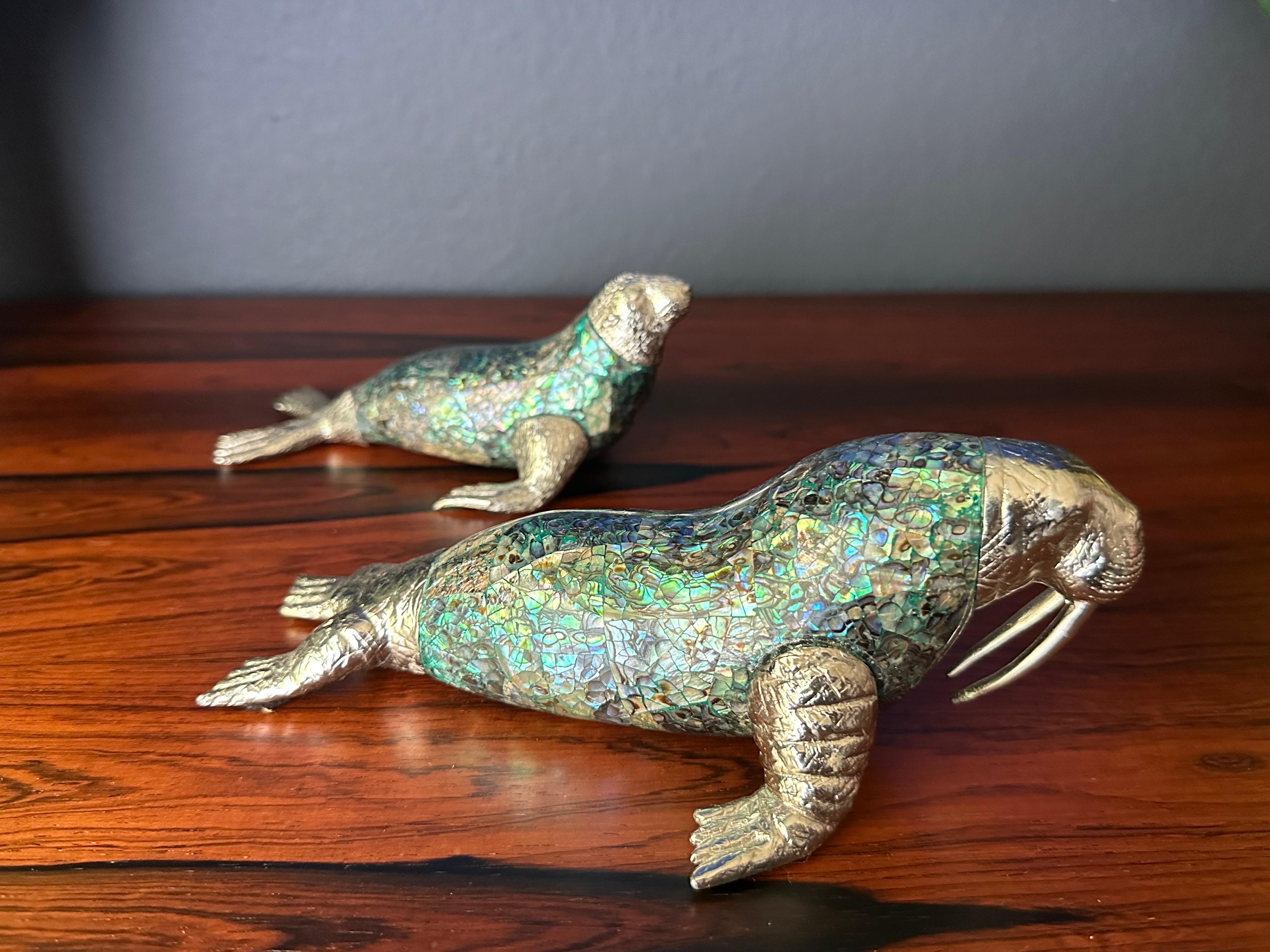 Hollywood Regency Maitland Smith Mother of Pearl Seal and Walrus Sculpture