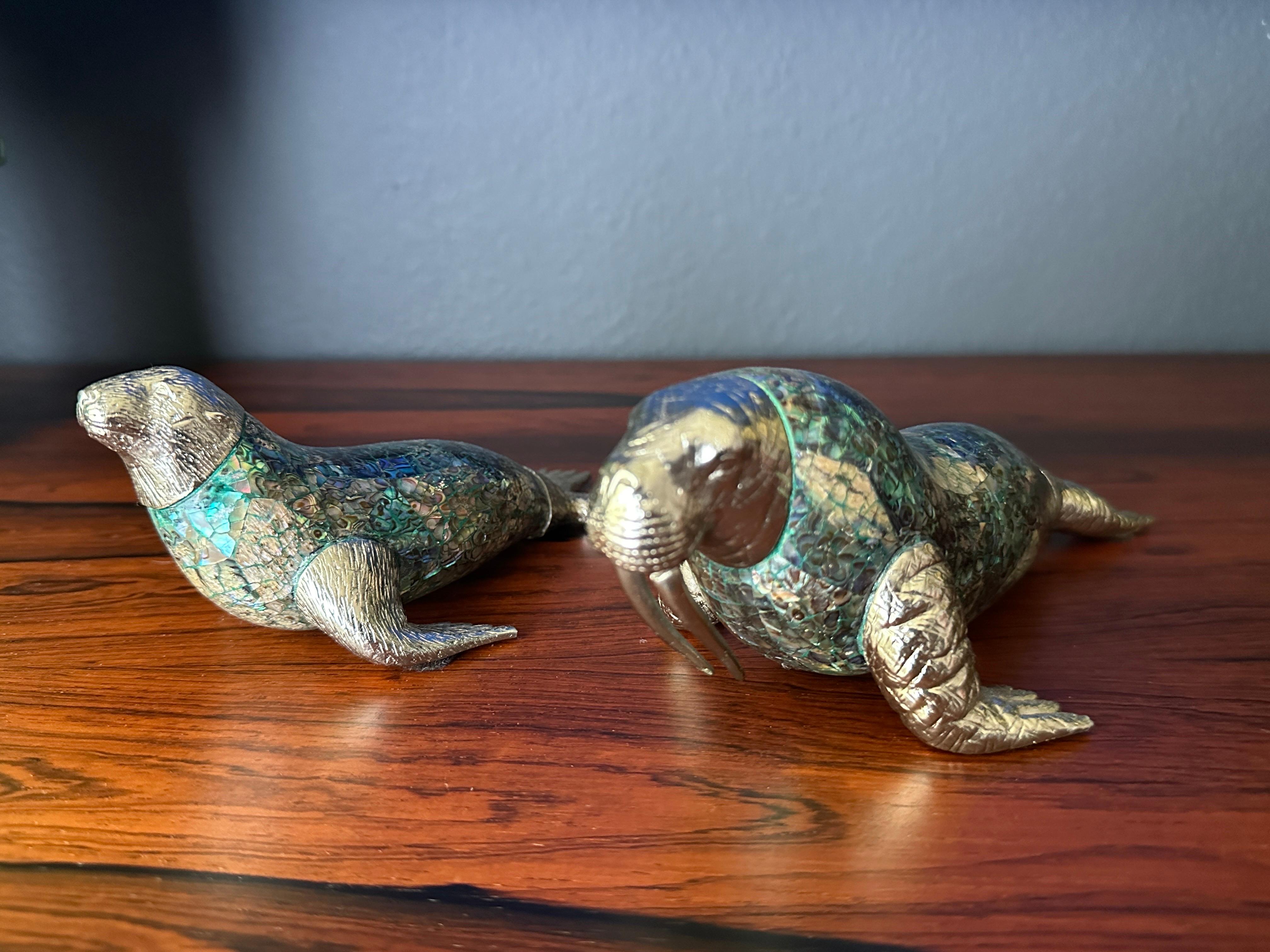 Cast Maitland Smith Mother of Pearl Seal and Walrus Sculpture