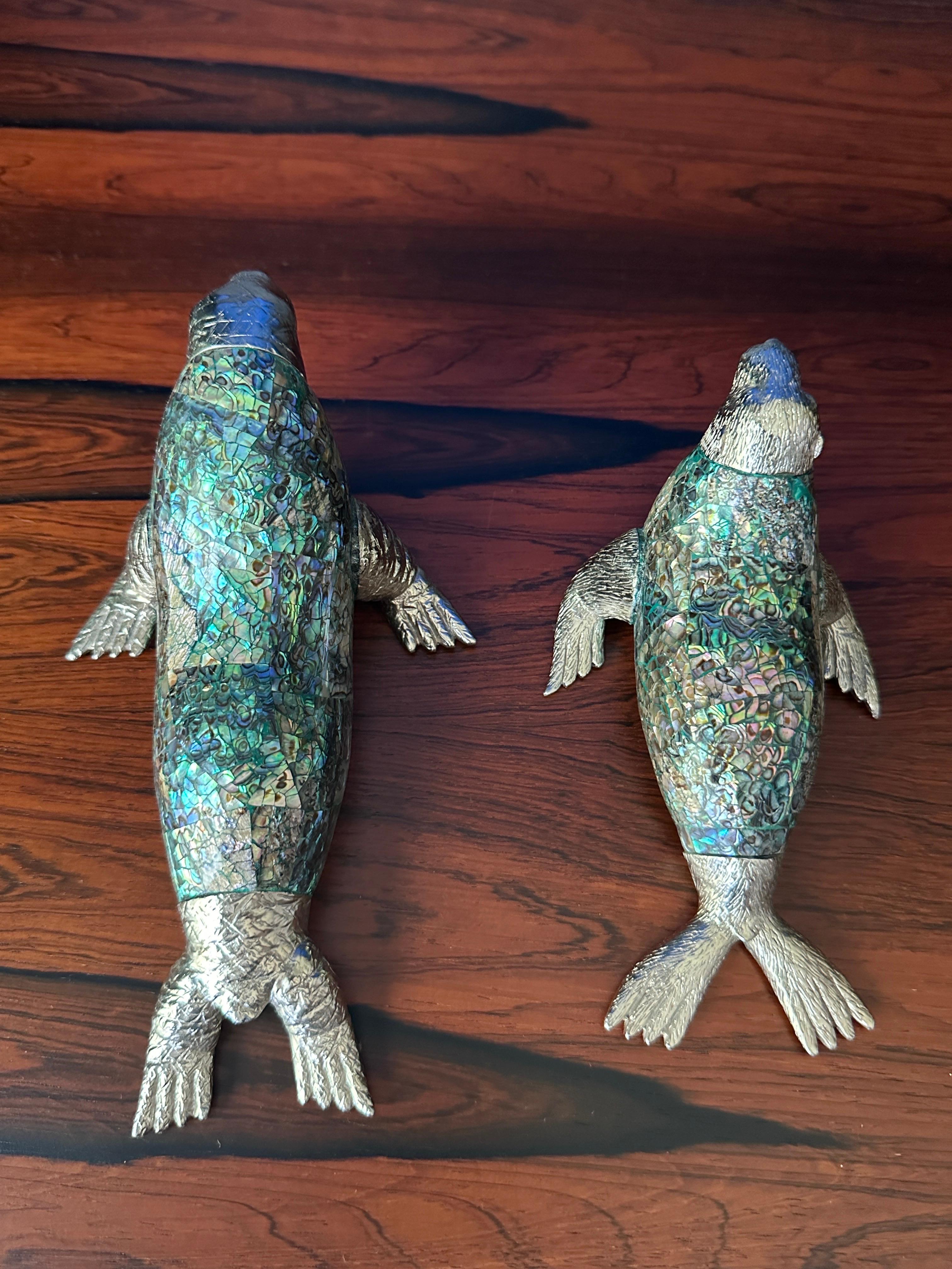 Pewter Maitland Smith Mother of Pearl Seal and Walrus Sculpture