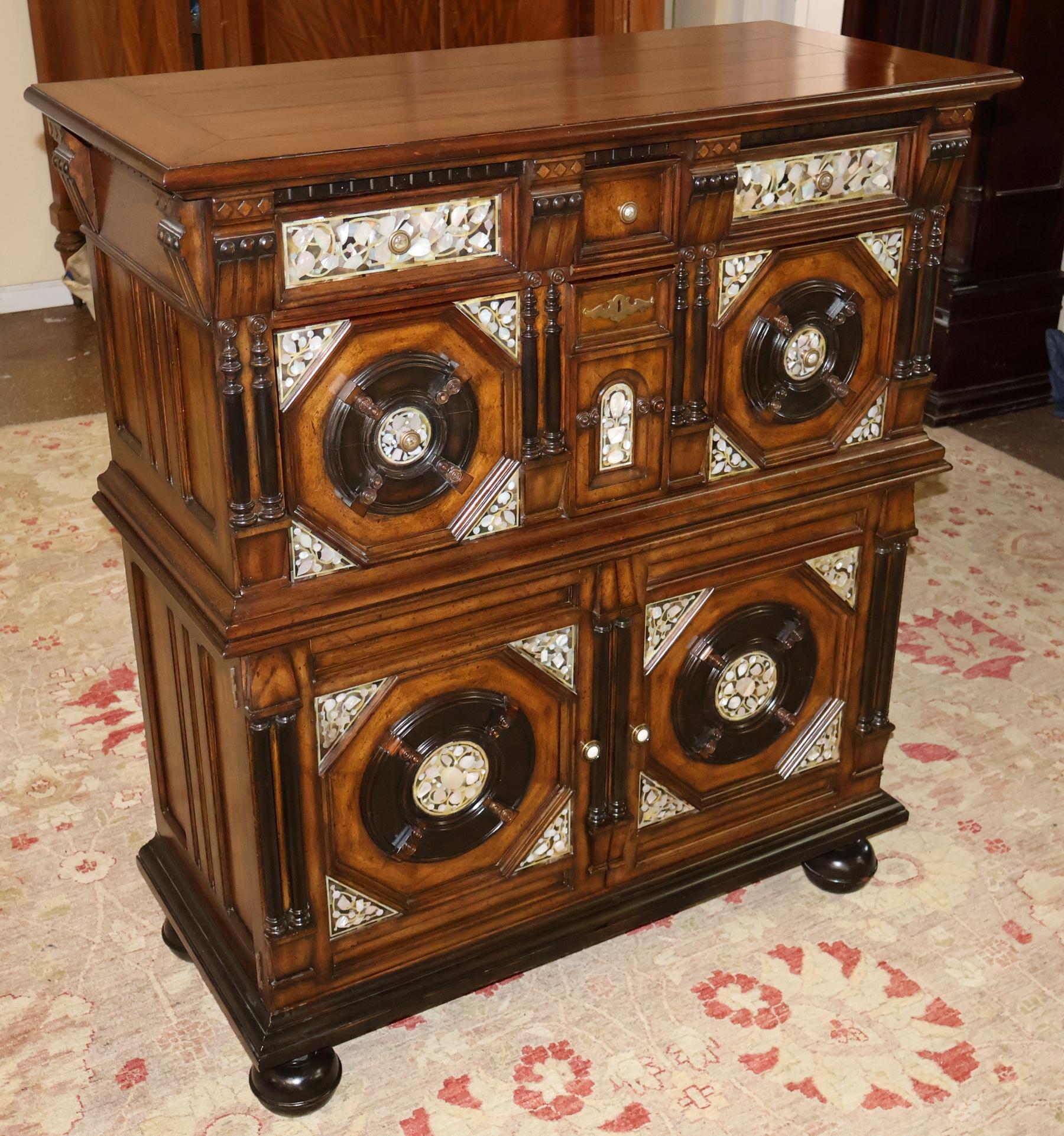 Jacobean Maitland Smith Mother of Pearl Walnut English 17th Century Style Dresser Chest For Sale