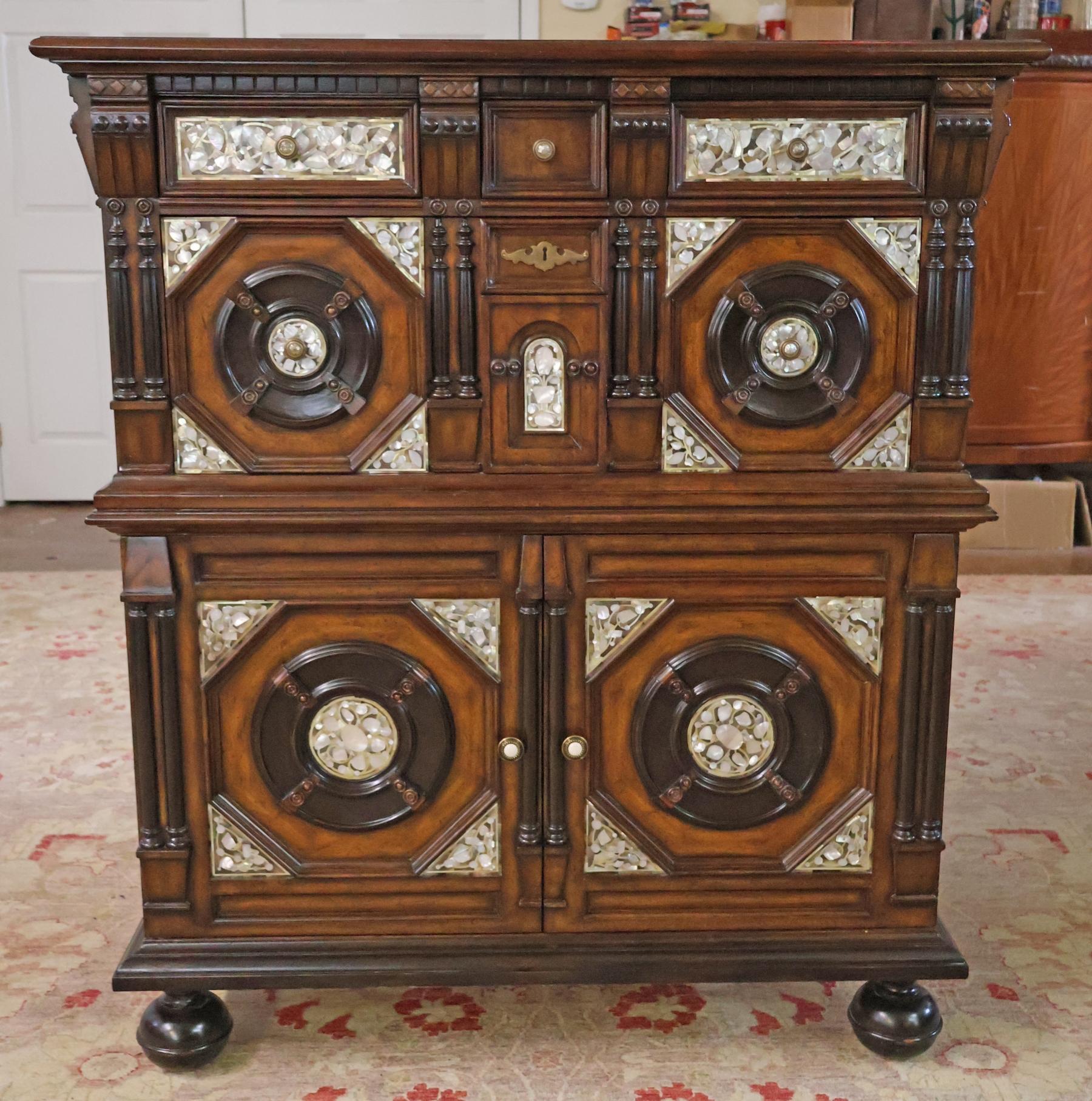 Maitland Smith Mother of Pearl Walnut English 17th Century Style Dresser Chest In Good Condition For Sale In Long Branch, NJ