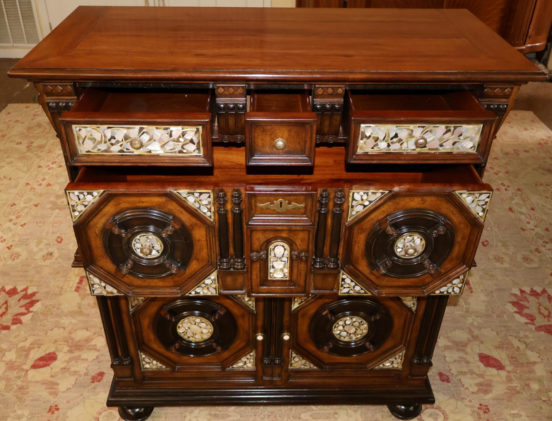 Mahogany Maitland Smith Mother of Pearl Walnut English 17th Century Style Dresser Chest For Sale