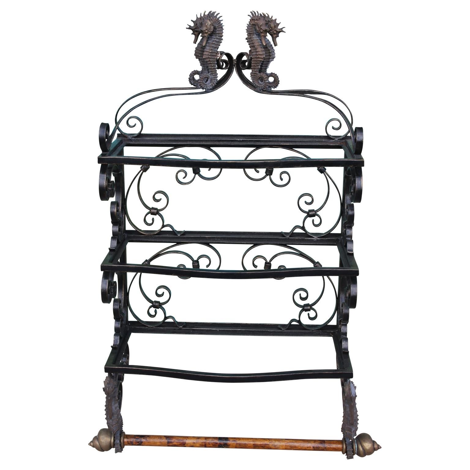 Maitland Smith Nautical Seahorse or Shell Bamboo and Wrought Iron Display Shelf In Excellent Condition In Houston, TX
