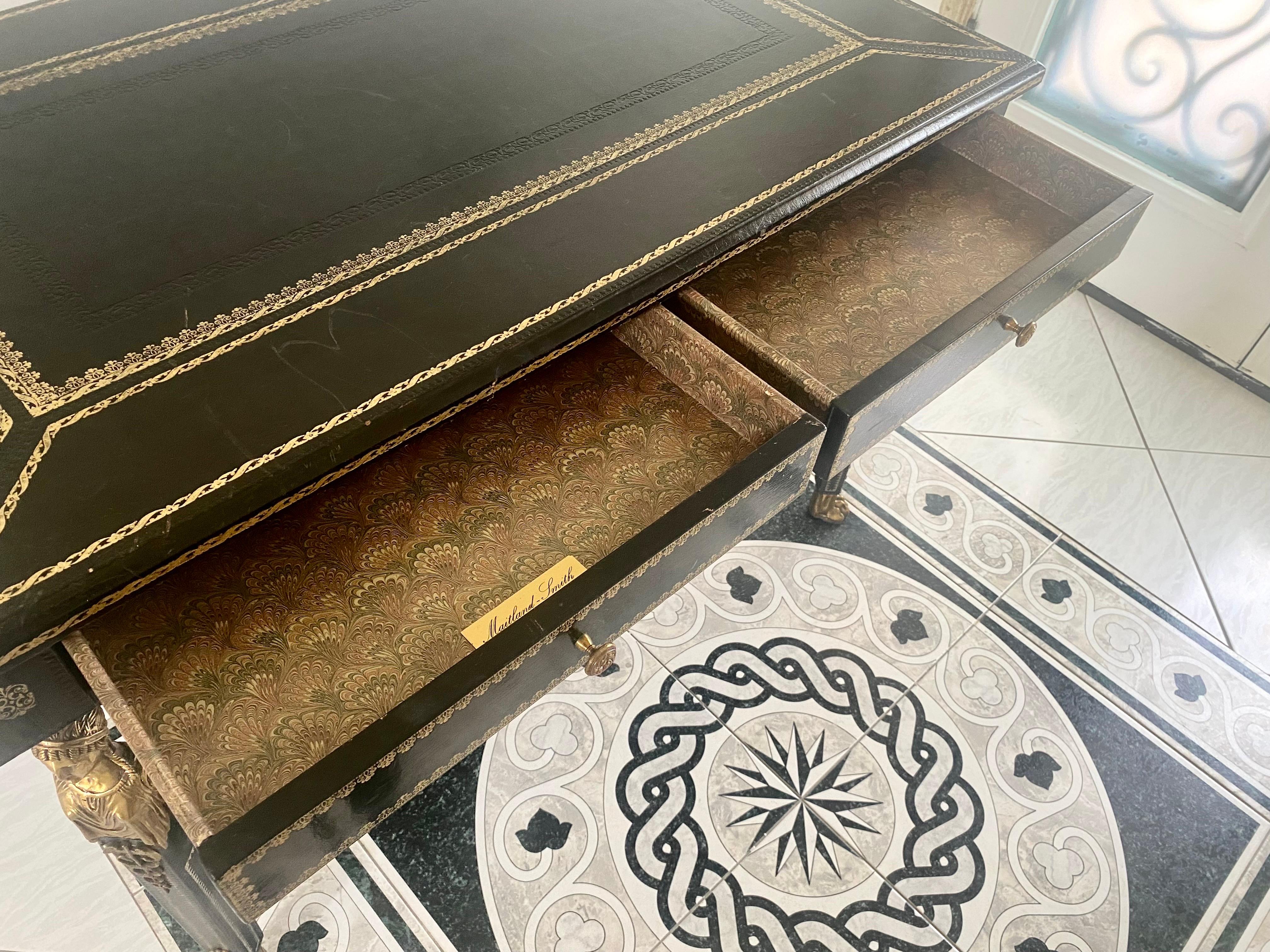 Maitland Smith Neoclassical Black Leather and Bronze Desk For Sale 3