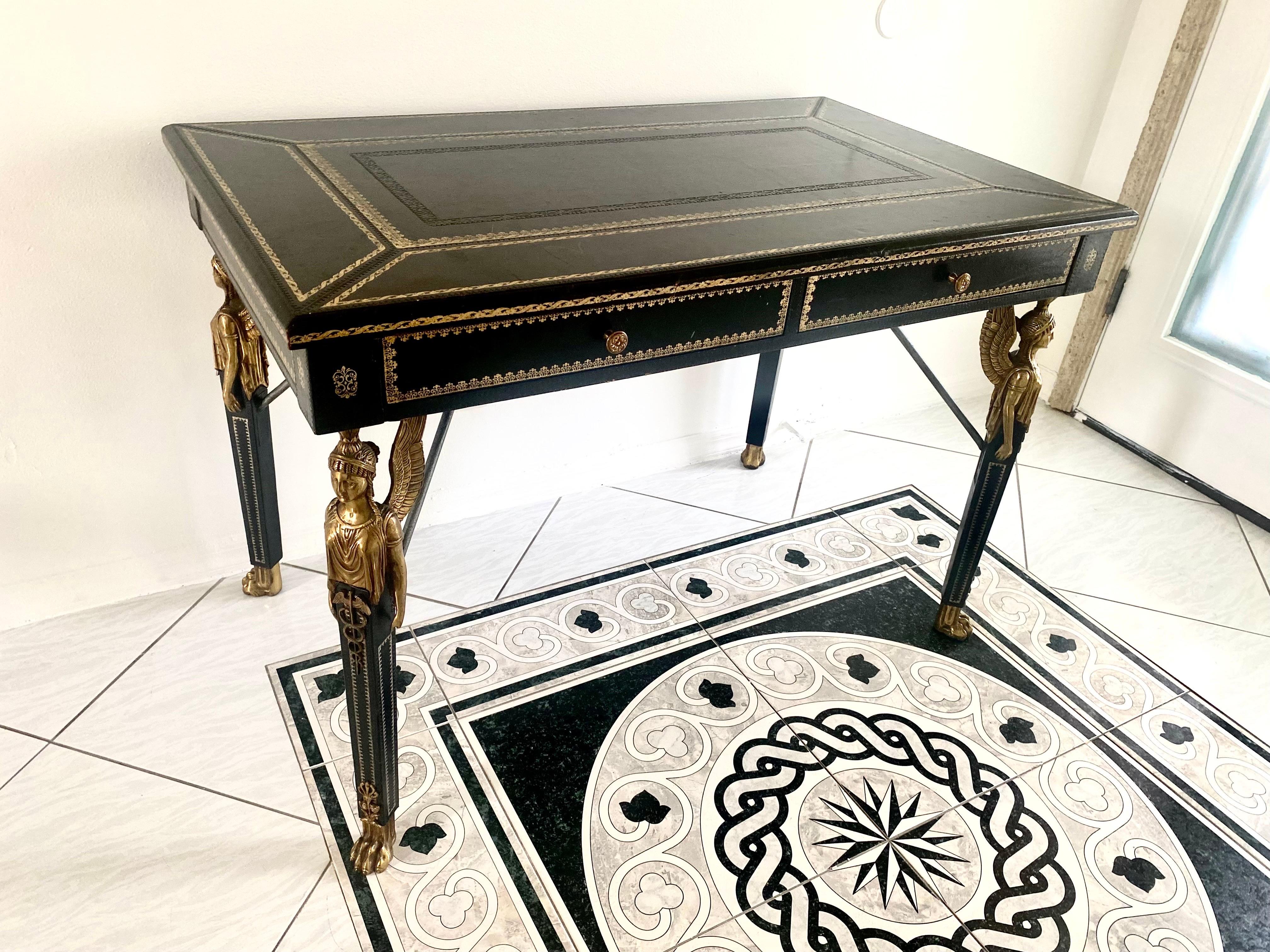 Maitland Smith Neoclassical Black Leather and Bronze Desk For Sale 7
