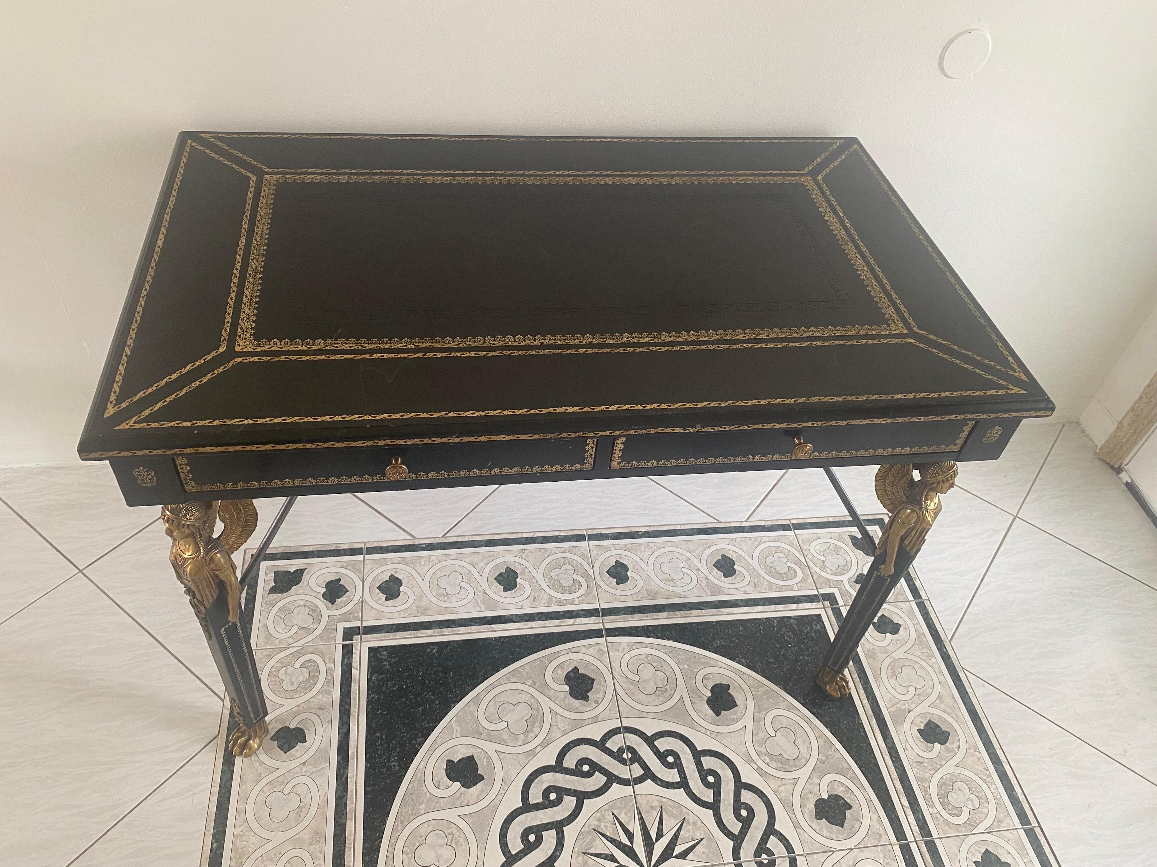 Maitland Smith Neoclassical Black Leather and Bronze Desk For Sale 9