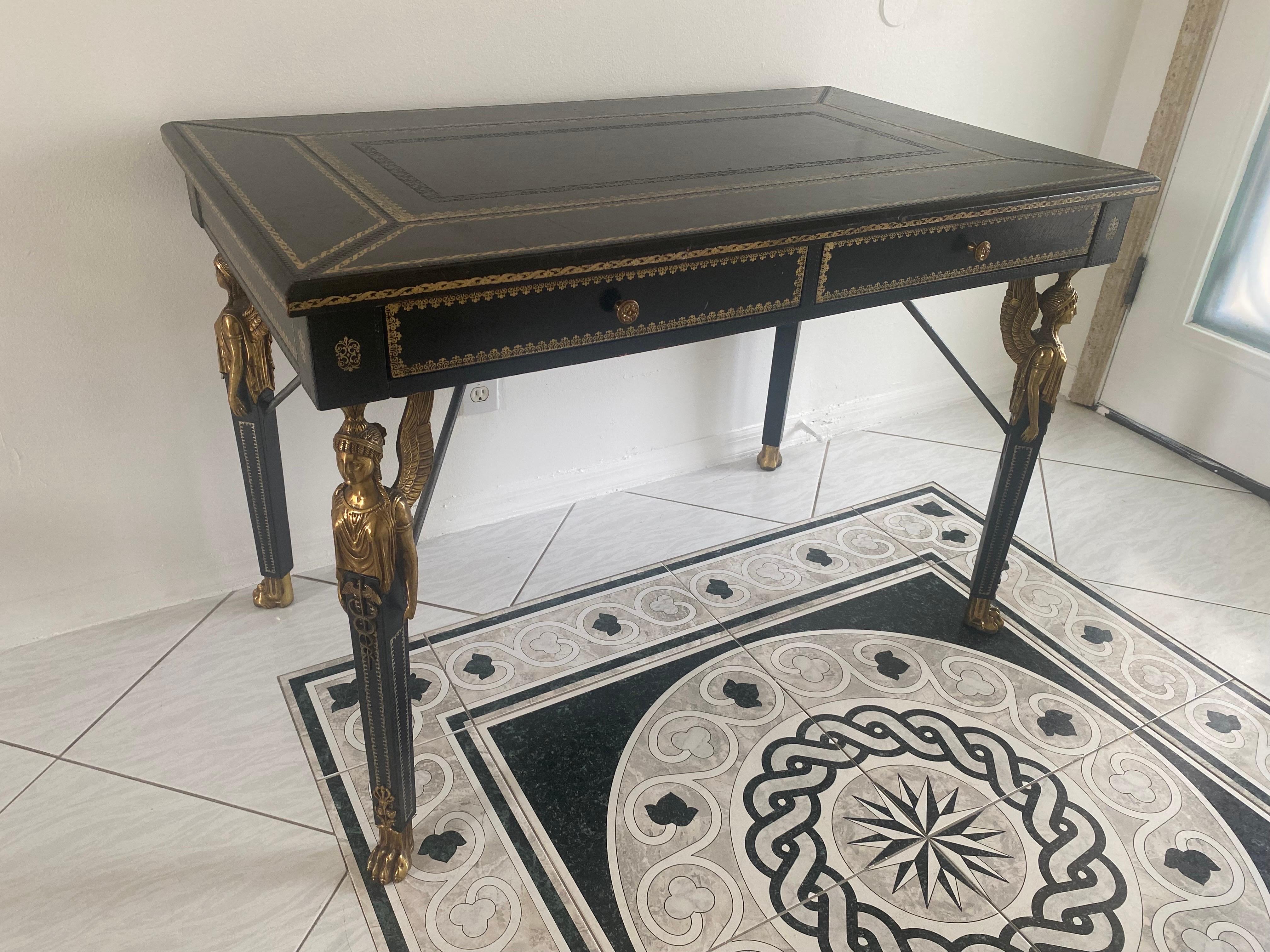 Maitland Smith Neoclassical Black Leather and Bronze Desk For Sale 10