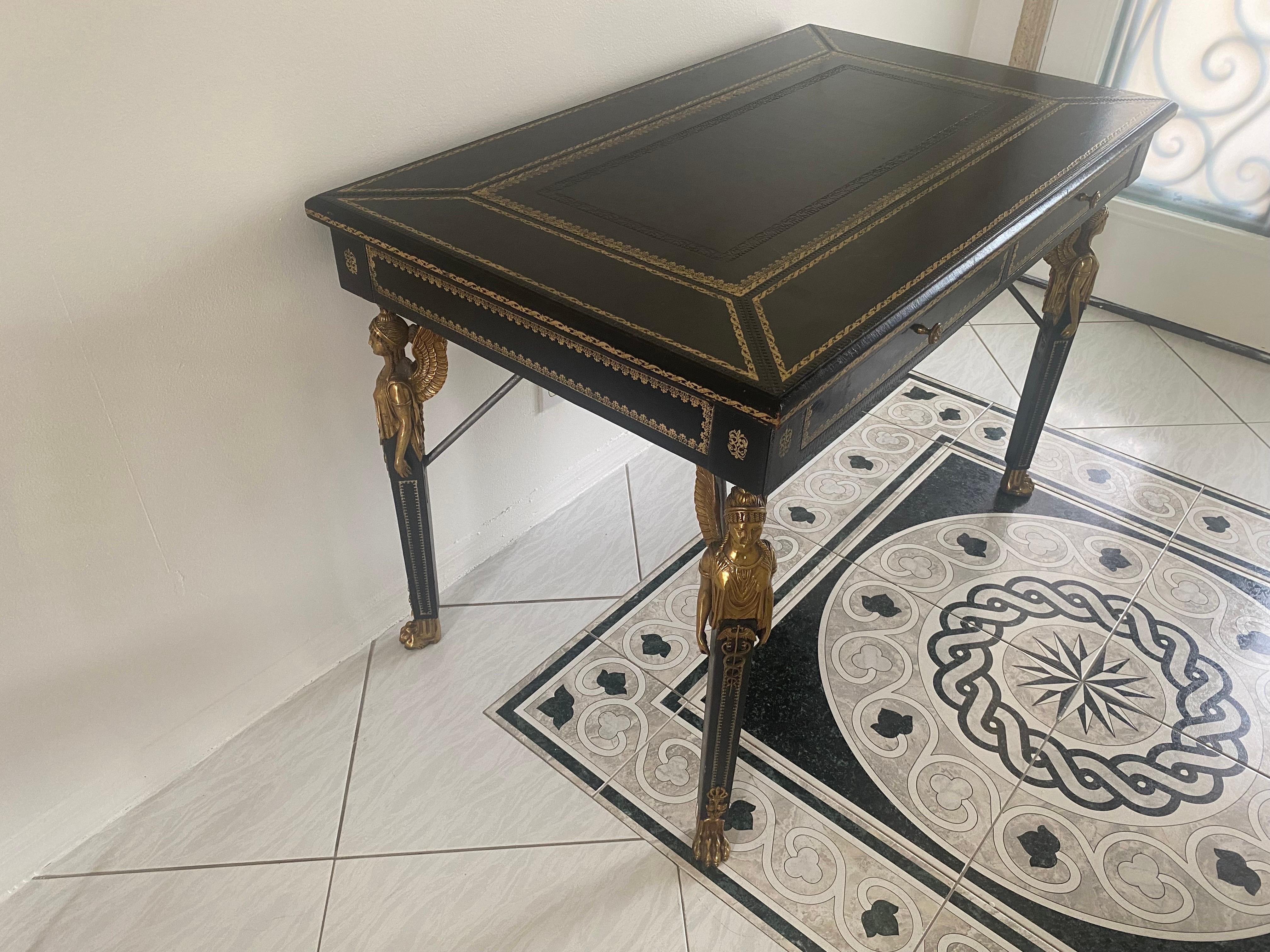 Maitland Smith Neoclassical Black Leather and Bronze Desk For Sale 10