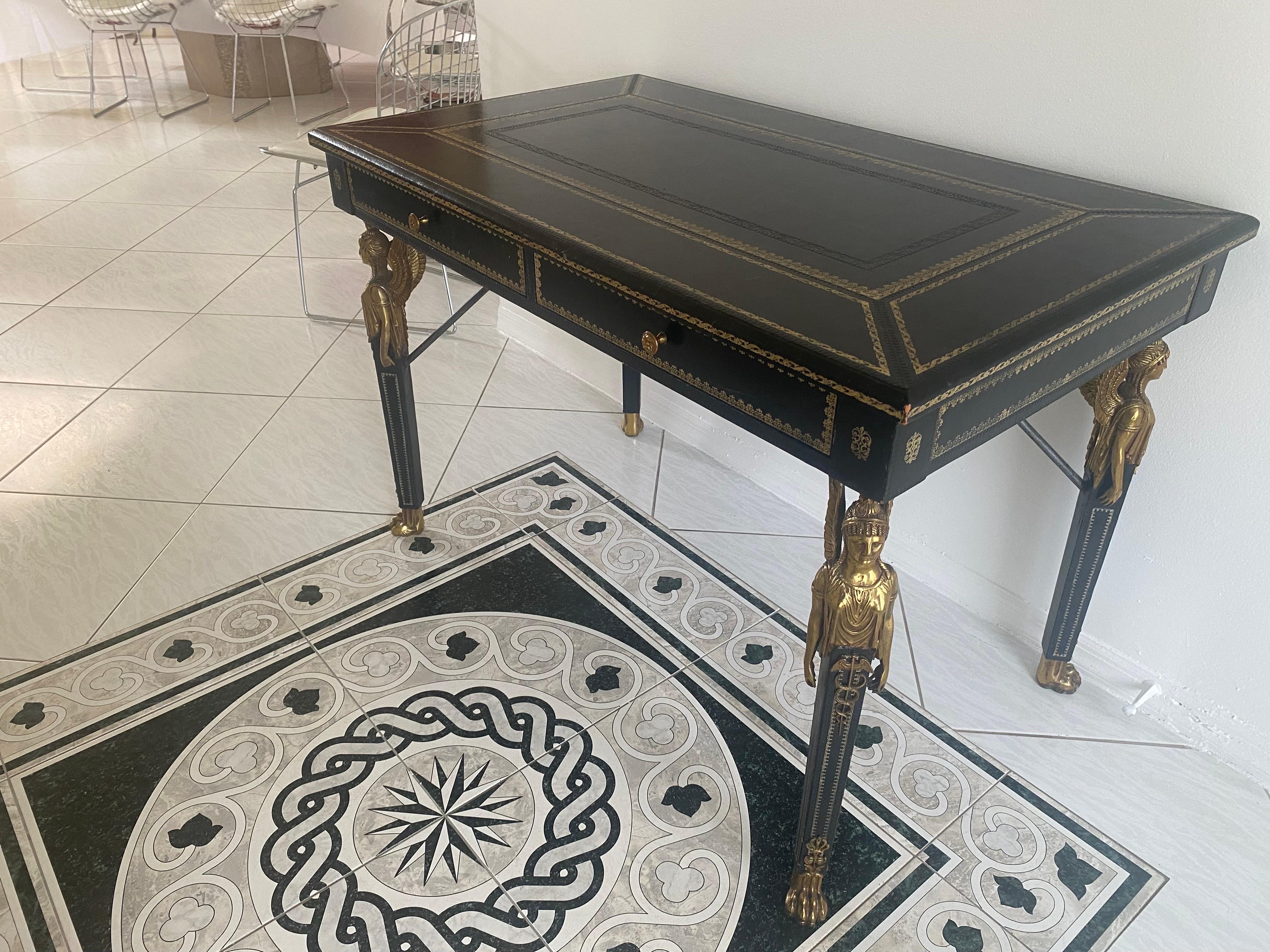 American Maitland Smith Neoclassical Black Leather and Bronze Desk For Sale