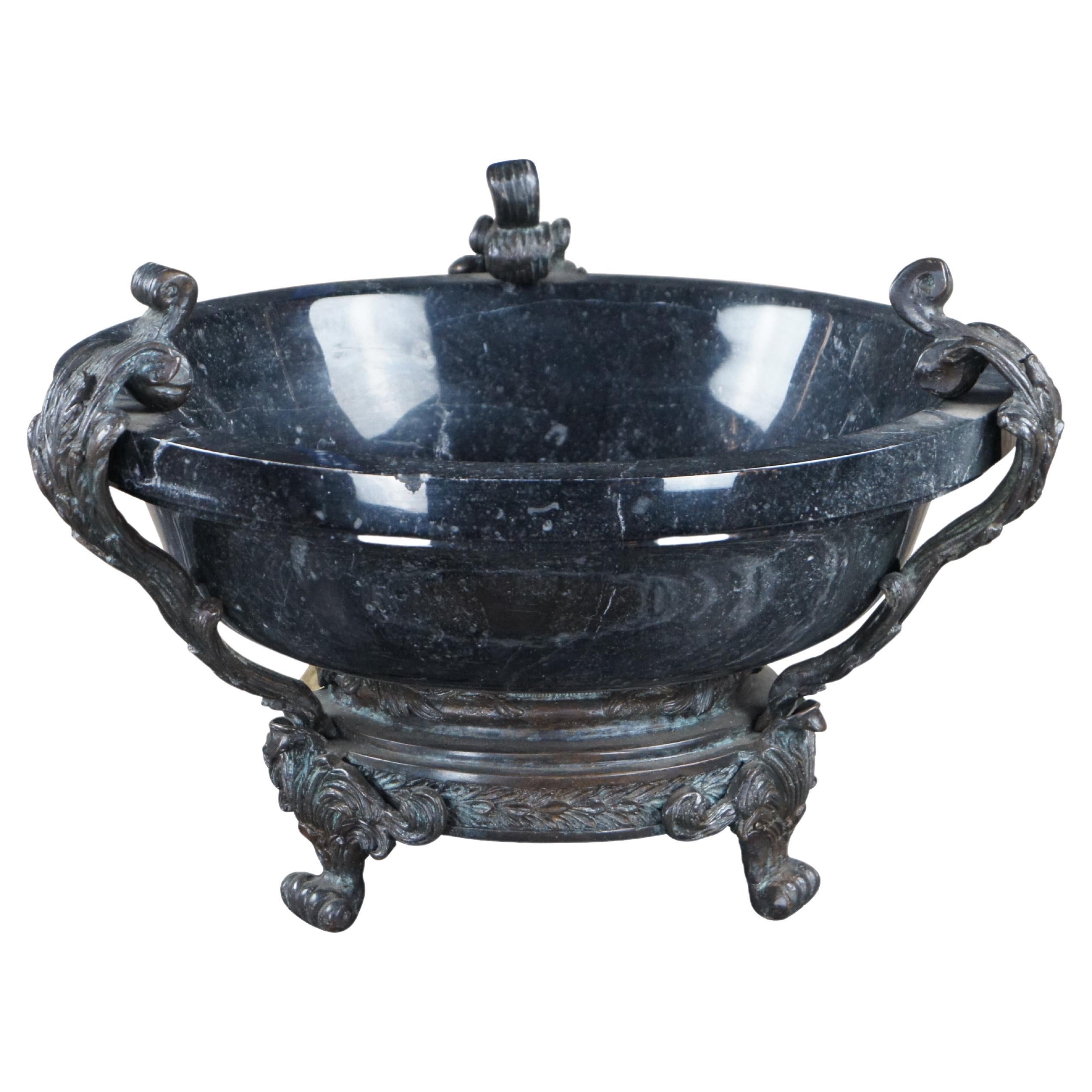 Maitland Smith Neoclassical Black Marble Footed Brass Tazza Centerpiece Bowl 17" For Sale