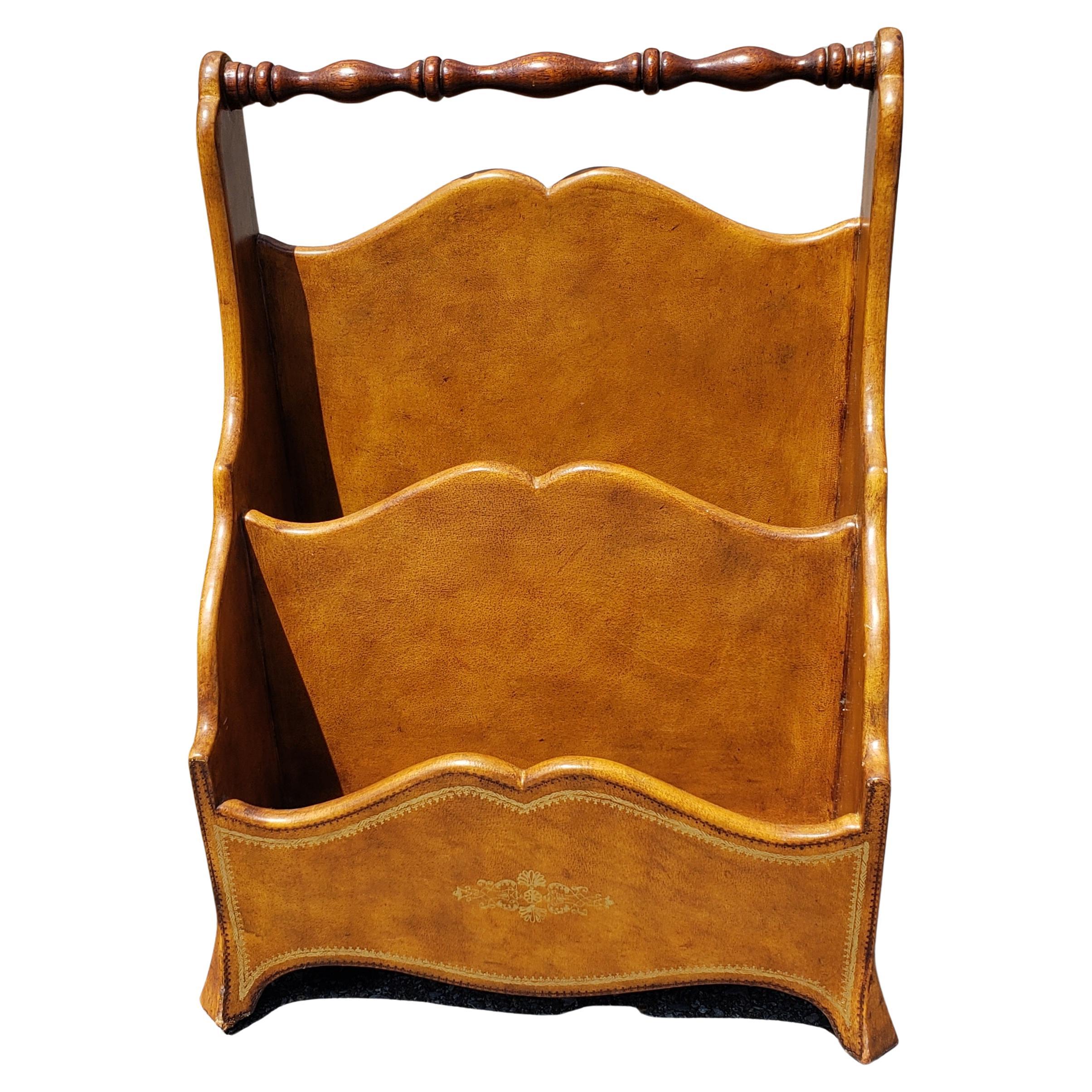 Maitland-Smith Neoclassical style tooled brown leather upholstered magazine rack or Stand. Use it for letters as well.
Very good vintage condition. Measures 15.5
