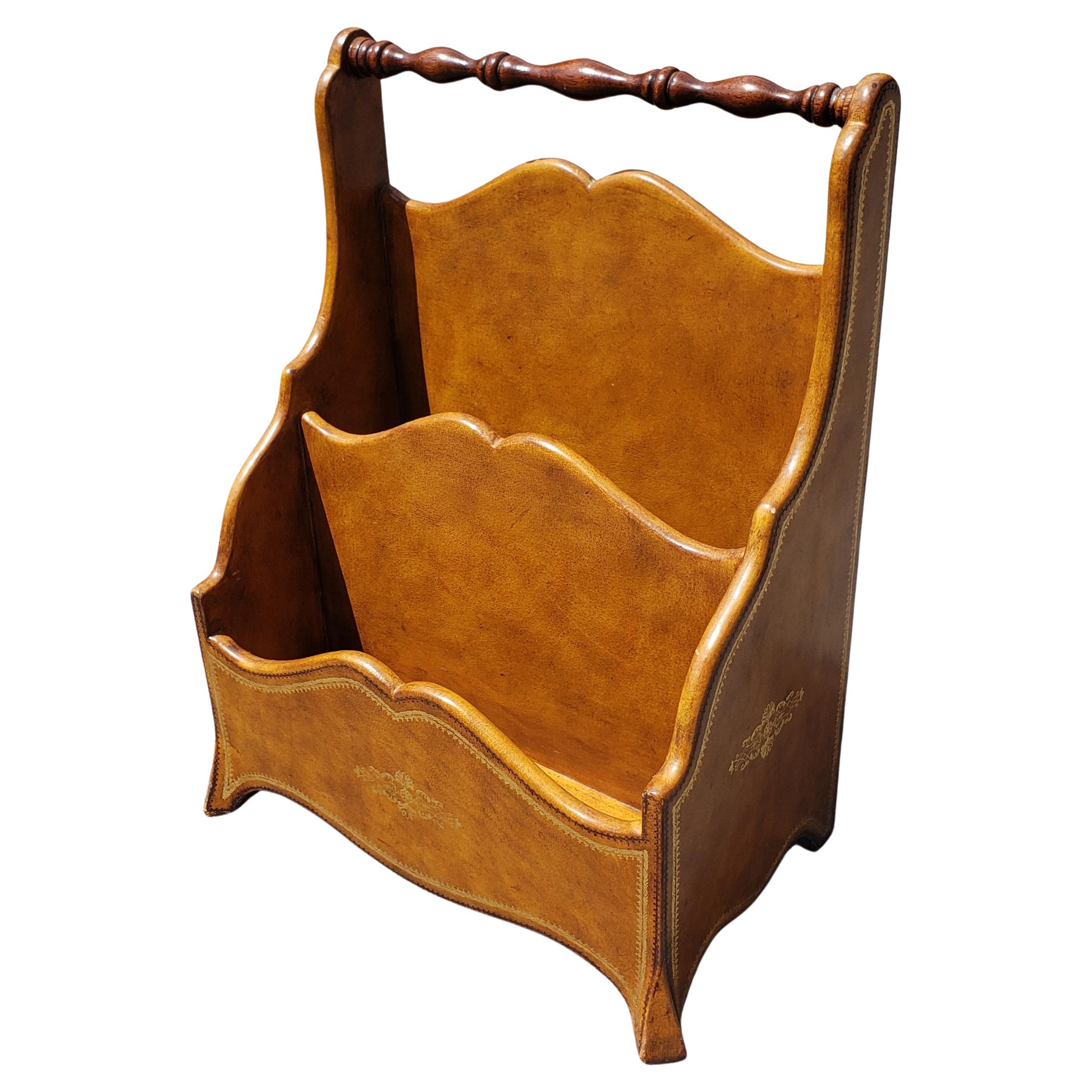 American Maitland Smith Neoclassical Brown Leather Upholstered Magazine or Letter Stand For Sale