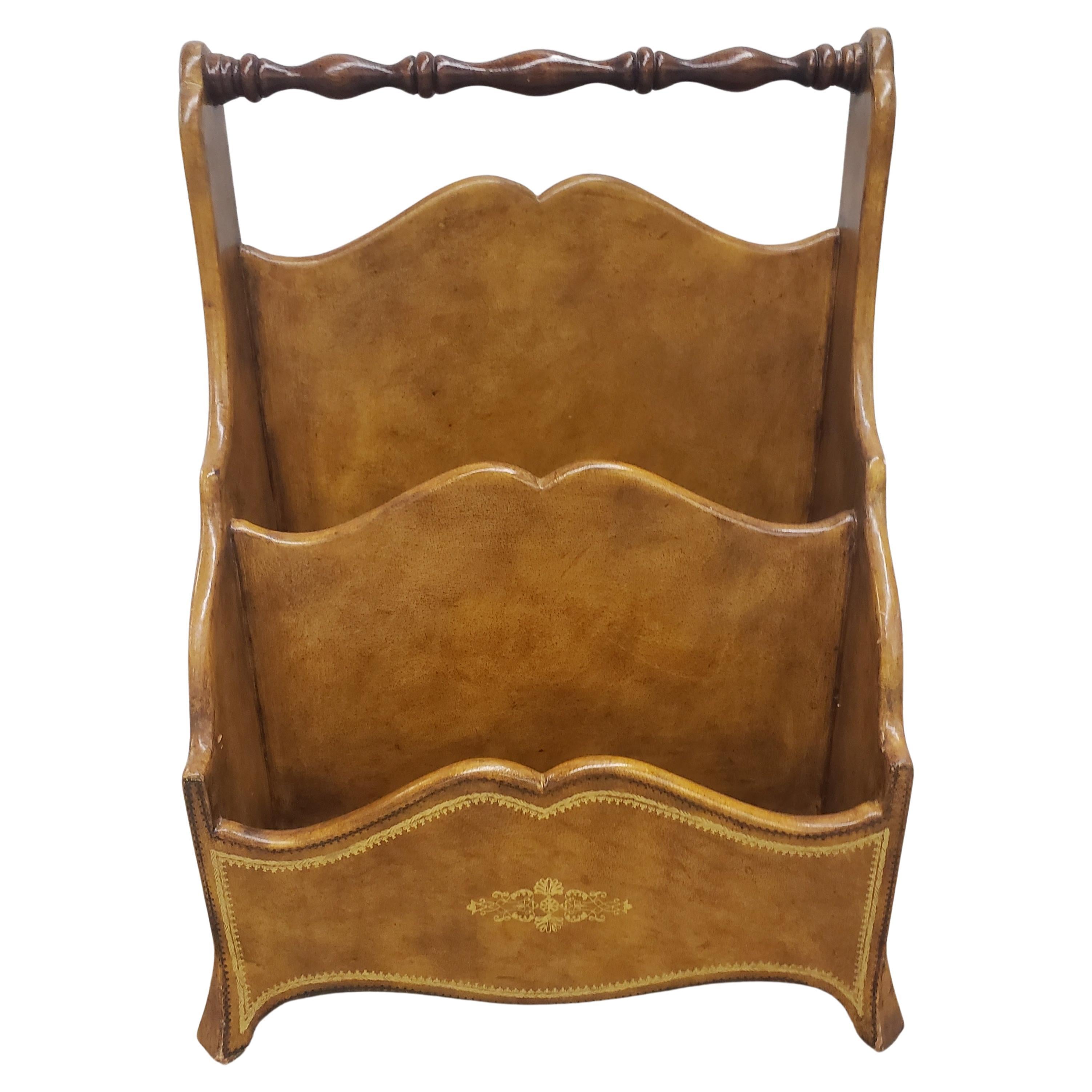 Maitland Smith Neoclassical Brown Leather Upholstered Magazine or Letter Stand For Sale