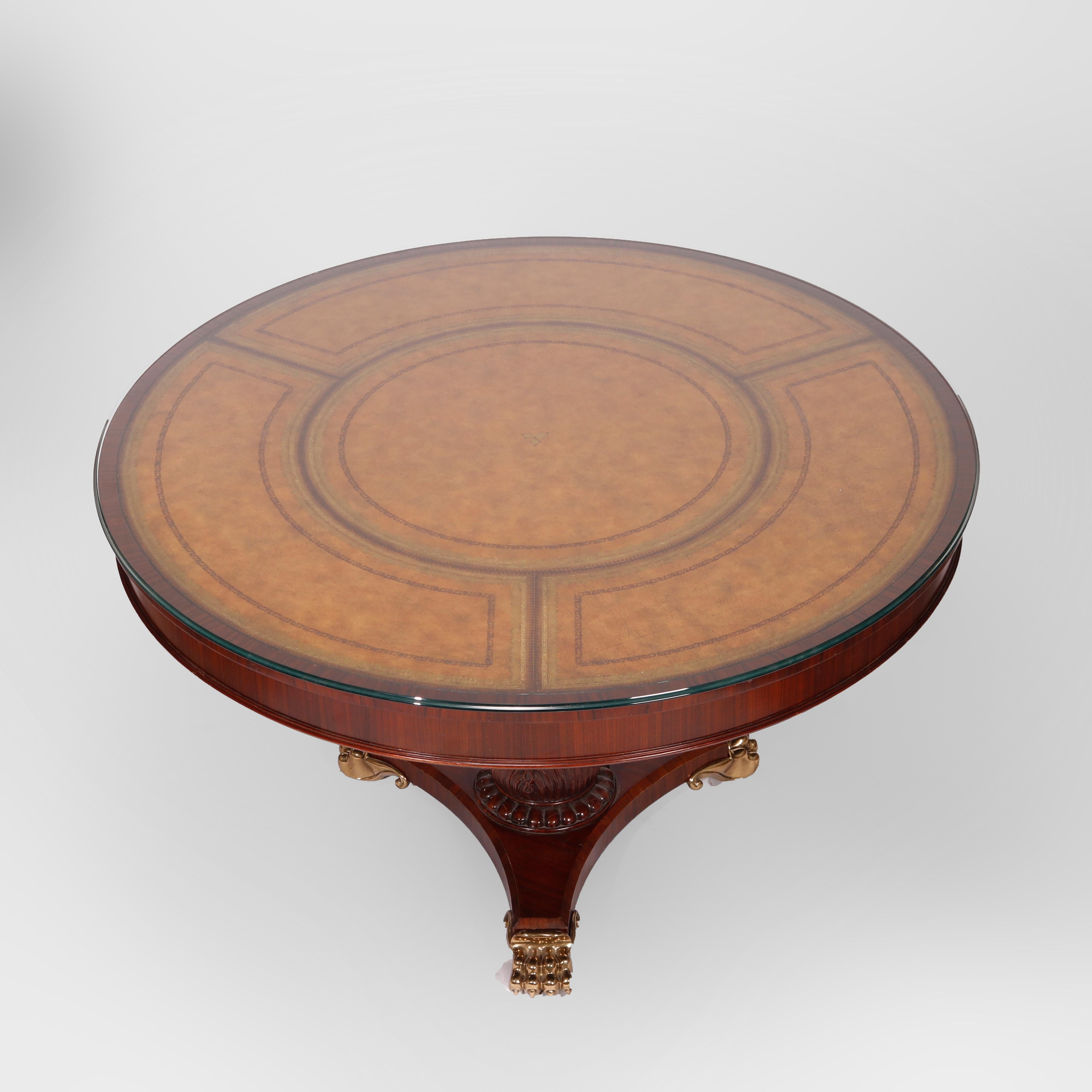 Néoclassique Table centrale néoclassique Maitland Smith en bois de rose, acajou, cuir et laiton en vente