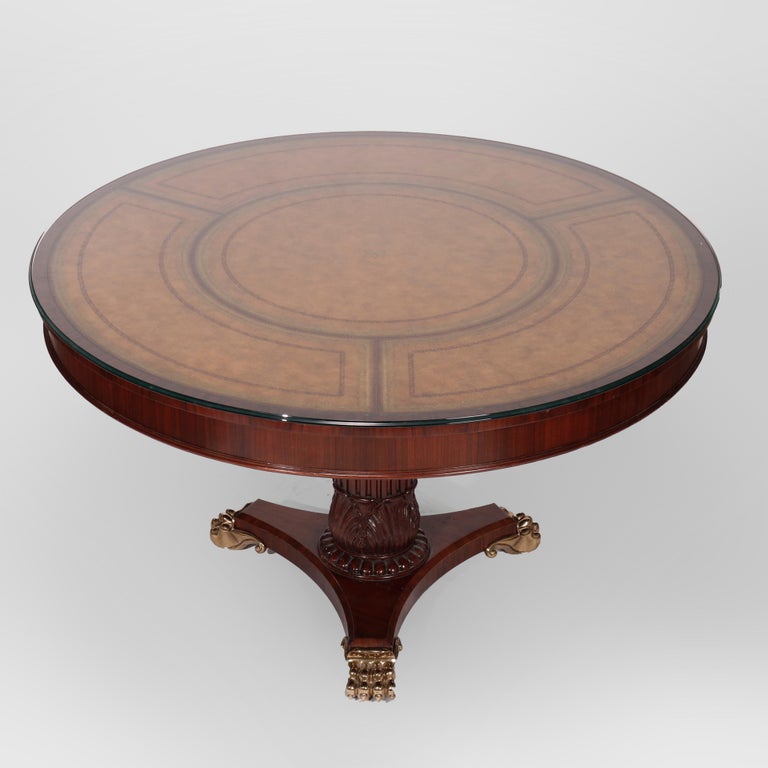 20th Century Maitland Smith Neoclassical Rosewood, Mahogany, Leather & Brass Center Table For Sale