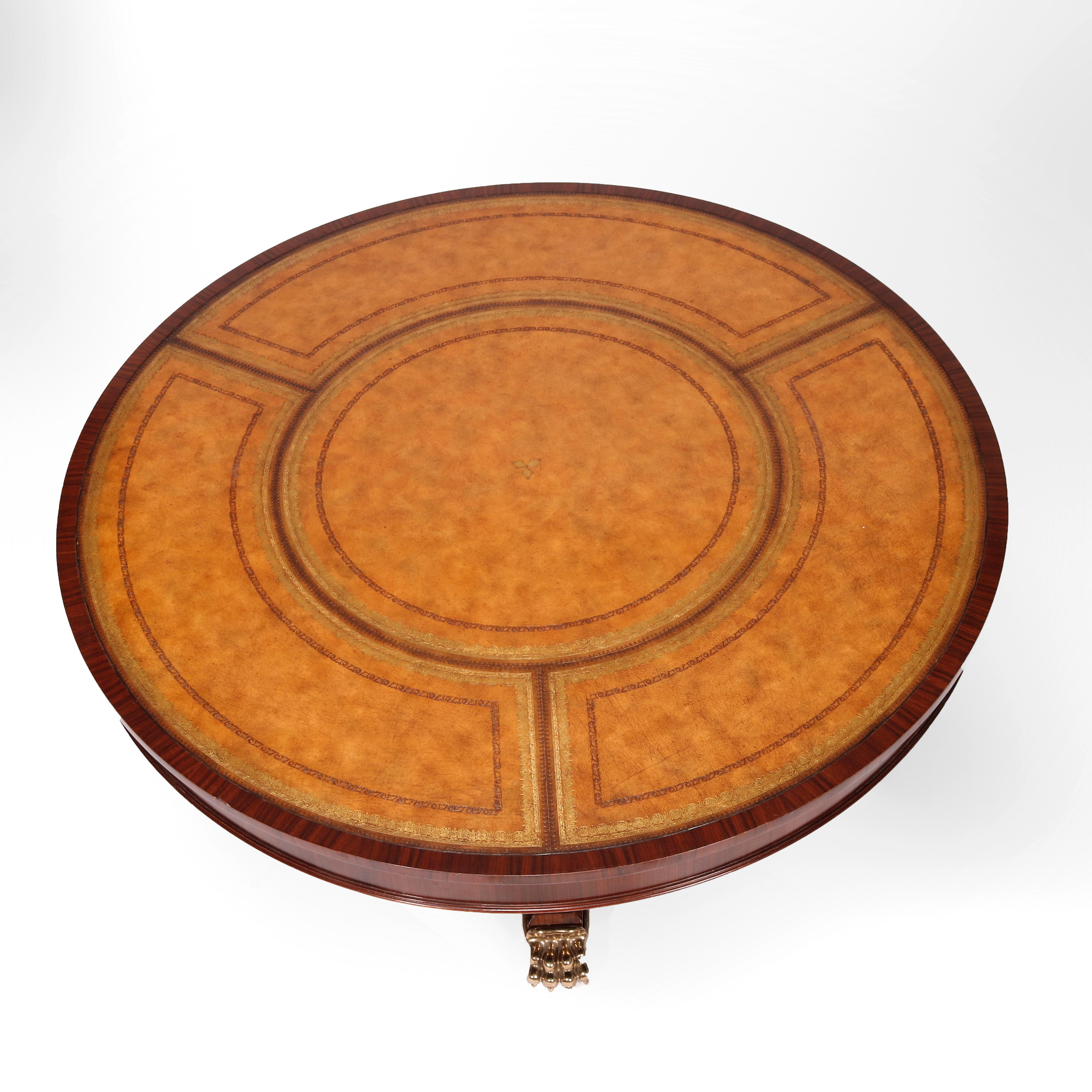 20ième siècle Table centrale néoclassique Maitland Smith en bois de rose, acajou, cuir et laiton en vente