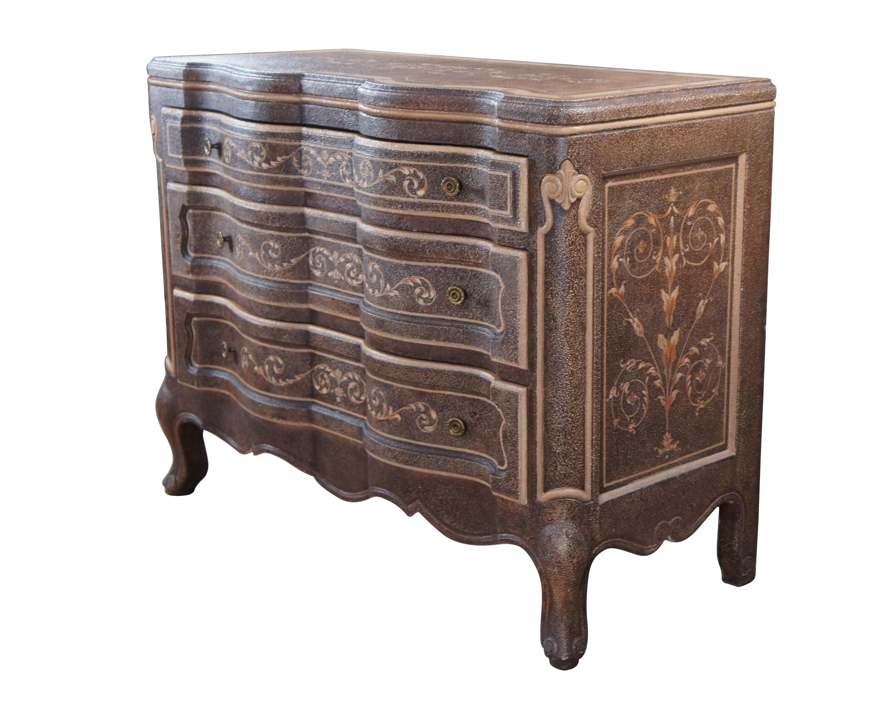 Maitland Smith Neoclassical Oxbow Serpentine form Chest, circa 1990s. Features a textured hand painted finish of scrolled floral / acanthus accents. The chest has three dovetailed drawers with brass hardware and is supported by cabriole feet. Great