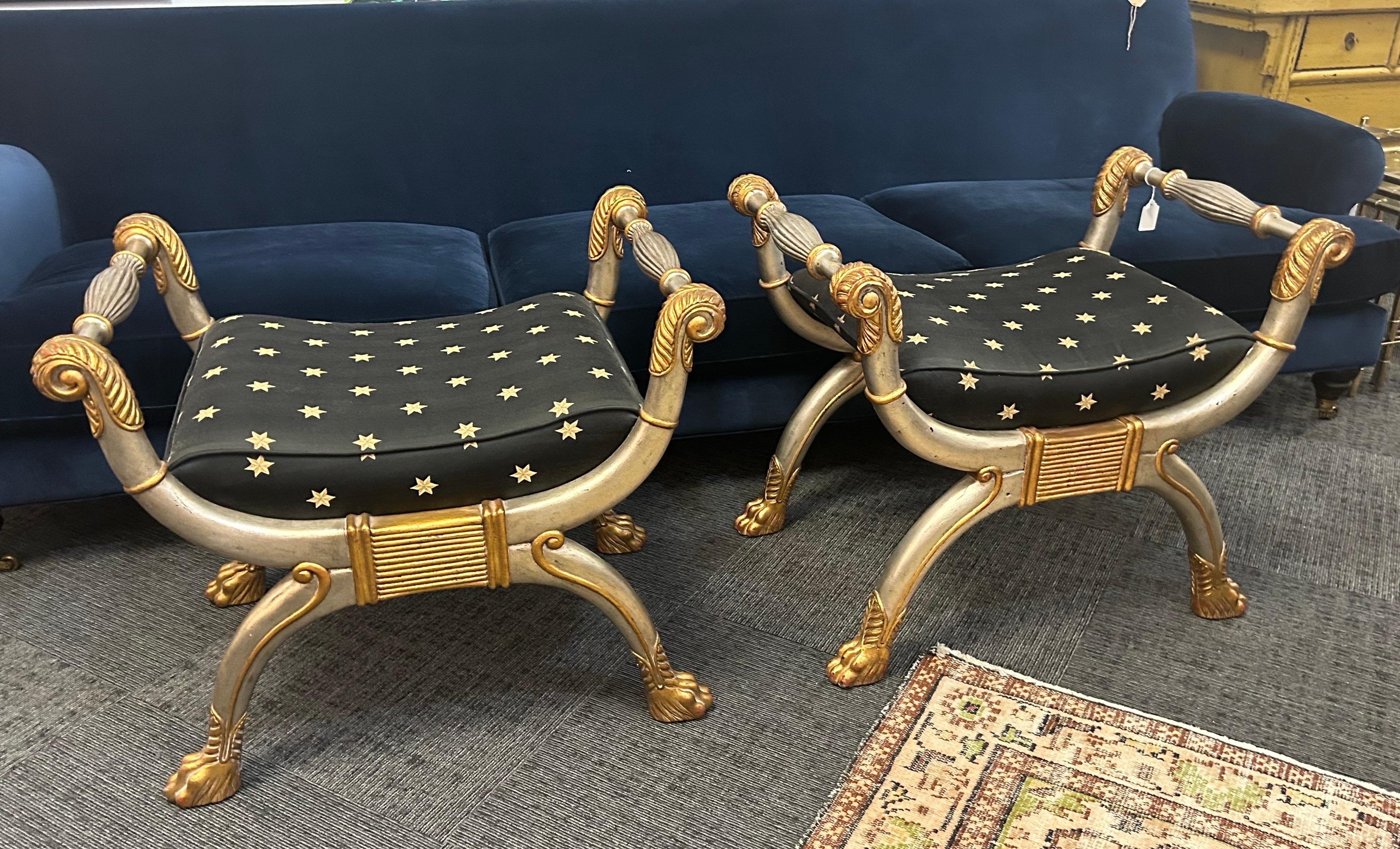 Carved Maitland Smith neoclassical style benches a pair