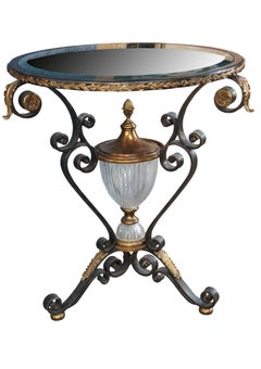 Maitland Smith Neoclassical Style Scrolled Iron Round Beveled Glass Top Table