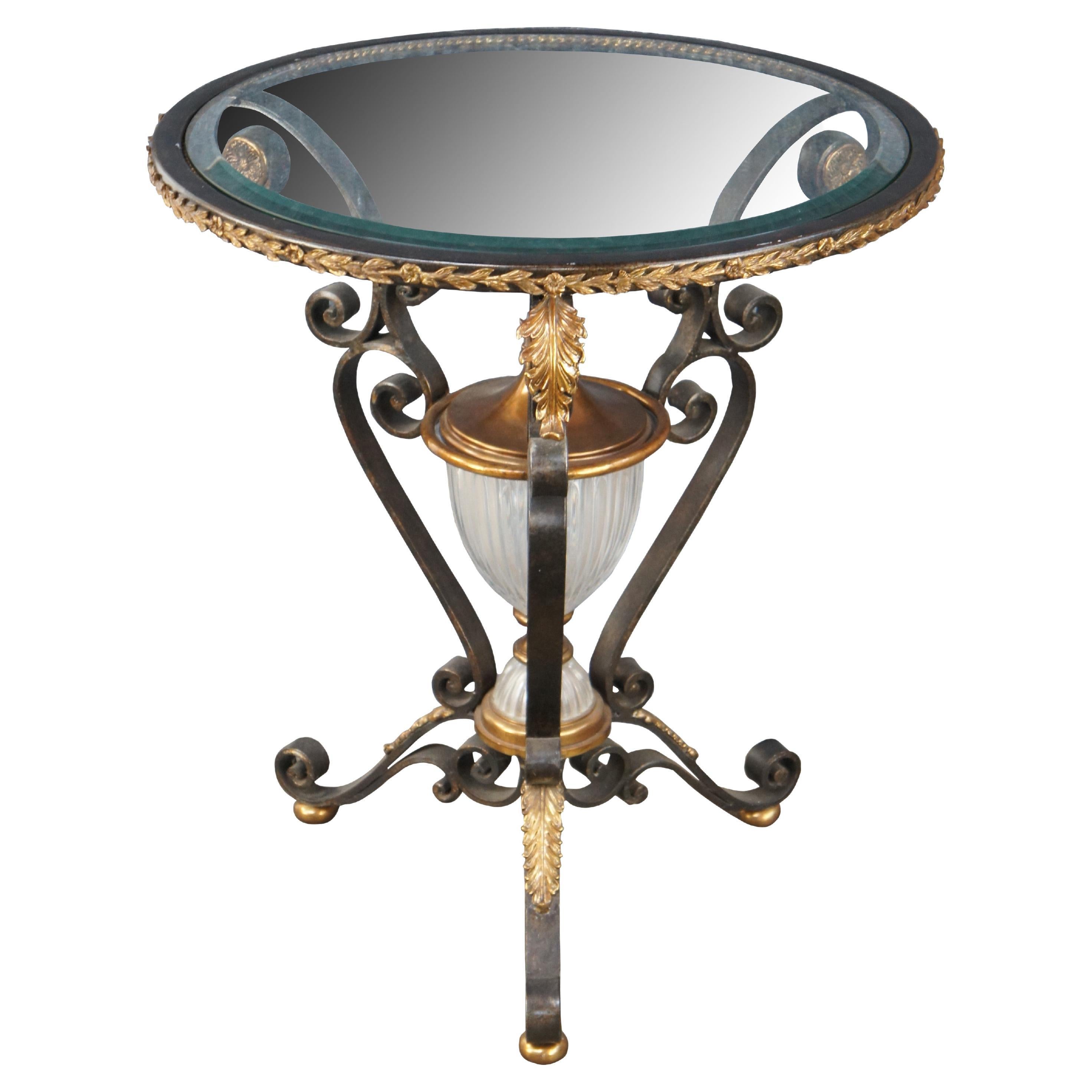 Maitland Smith Neoclassical Style Scrolled Iron Round Beveled Glass Top Table For Sale