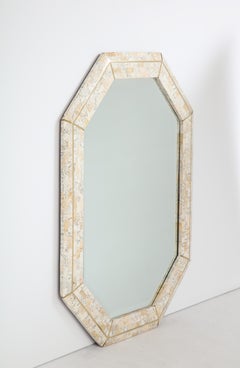 Maitland Smith Octagonal Tessellated Stone and Inlaid Brass Mirror