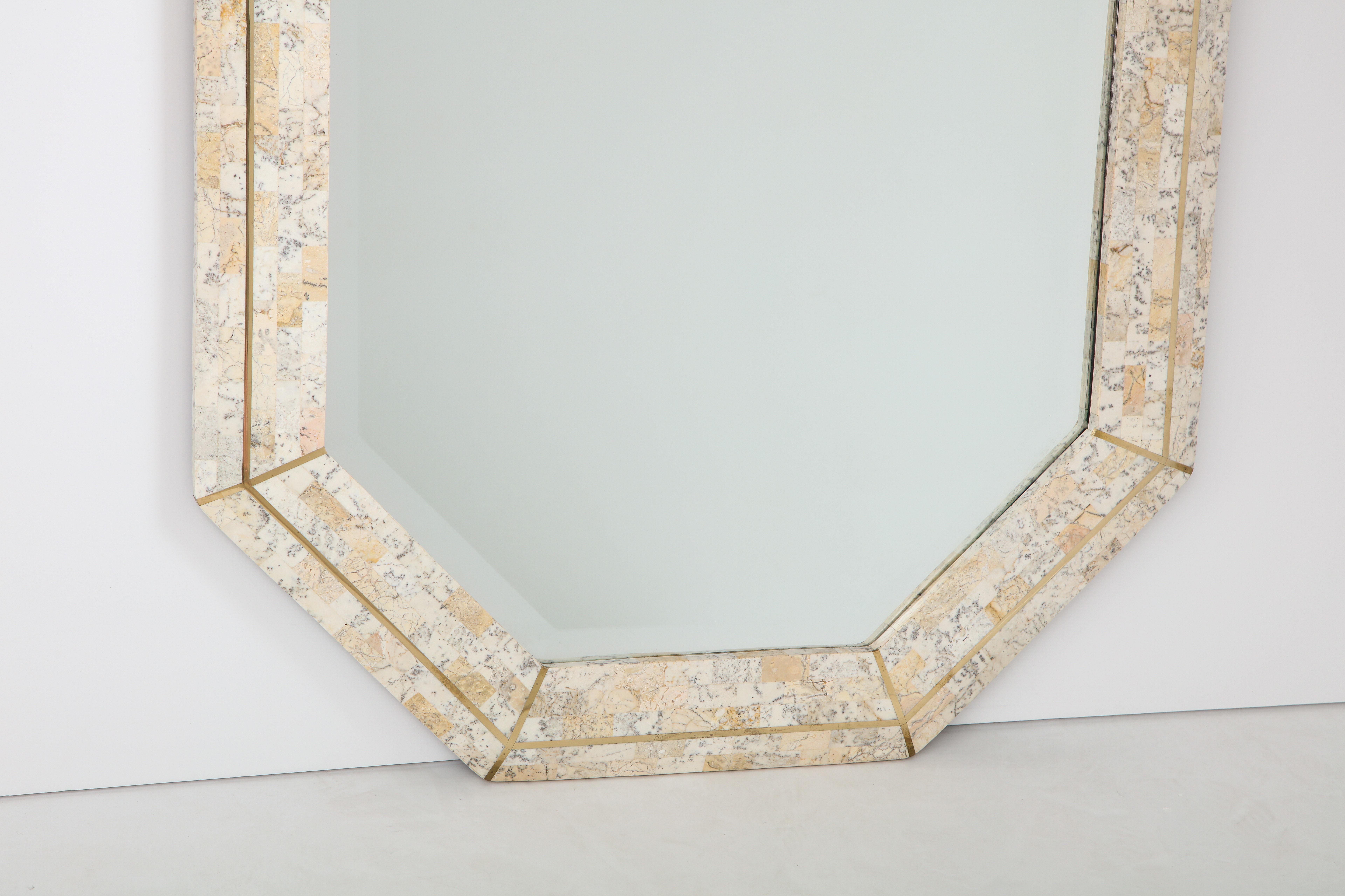 Modern Maitland Smith Octagonal Tessellated Stone and Inlaid Brass Mirror 