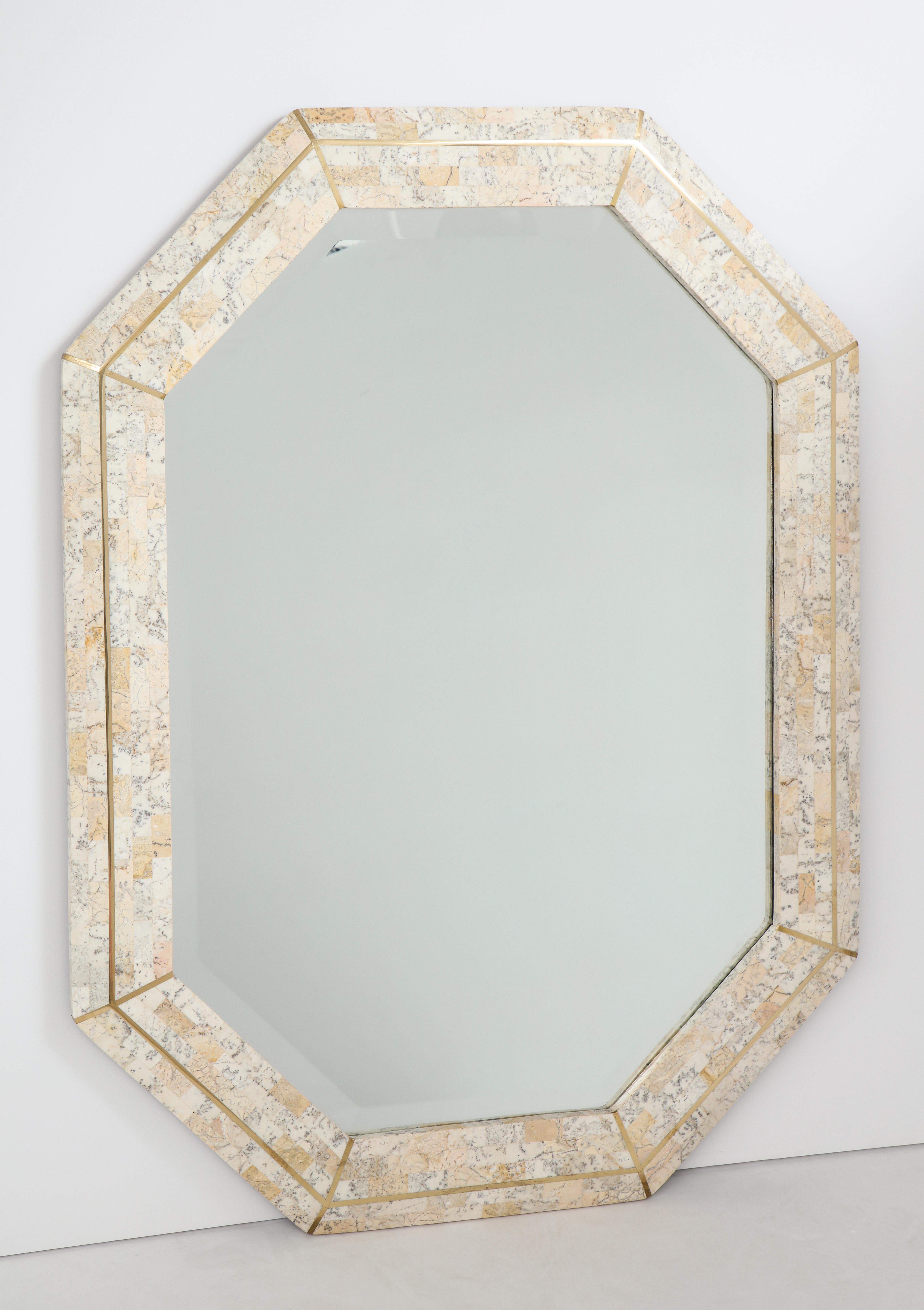 Philippine Maitland Smith Octagonal Tessellated Stone and Inlaid Brass Mirror 